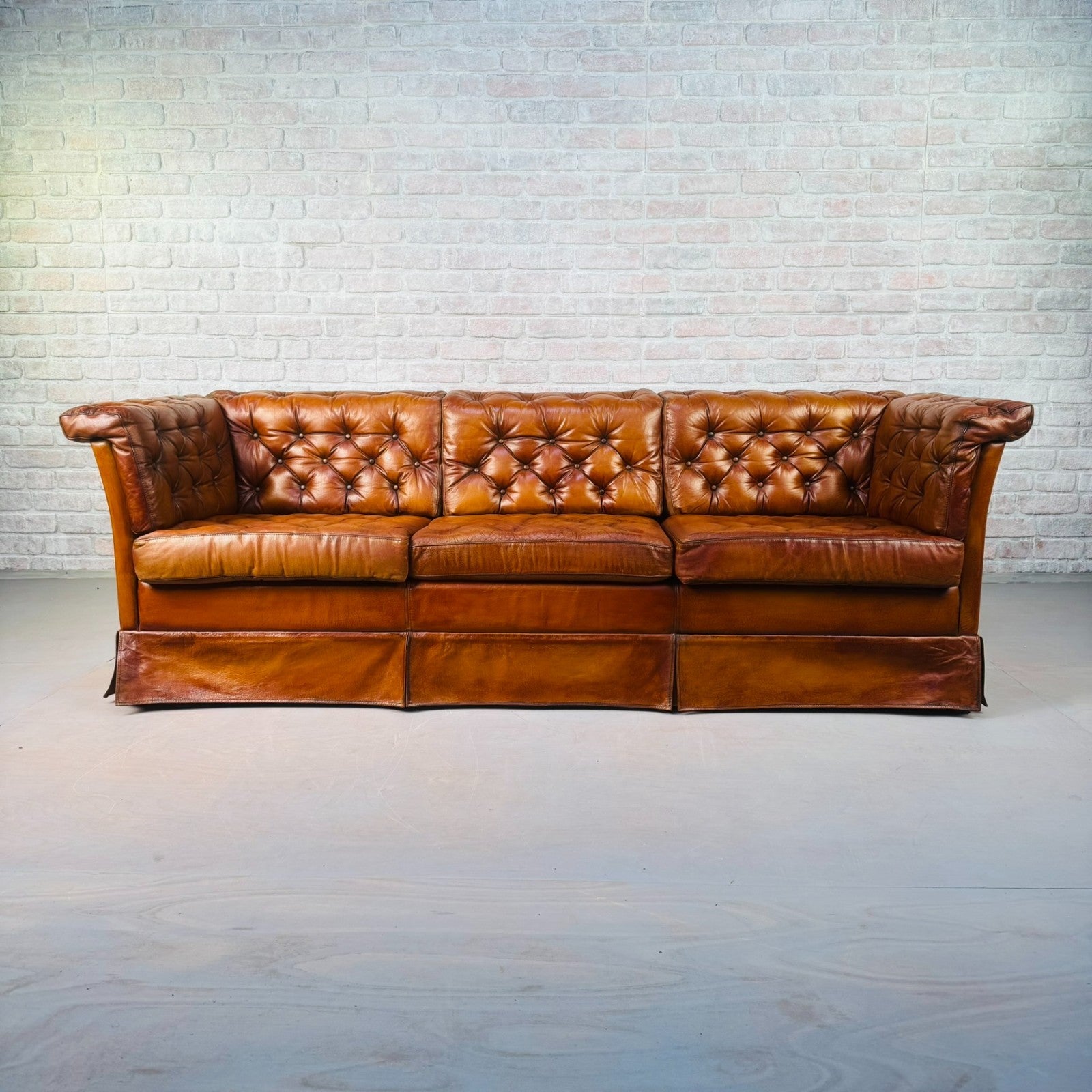 Vintage Danish Tan Leather Three Seater Sofa Fully Buttoned
