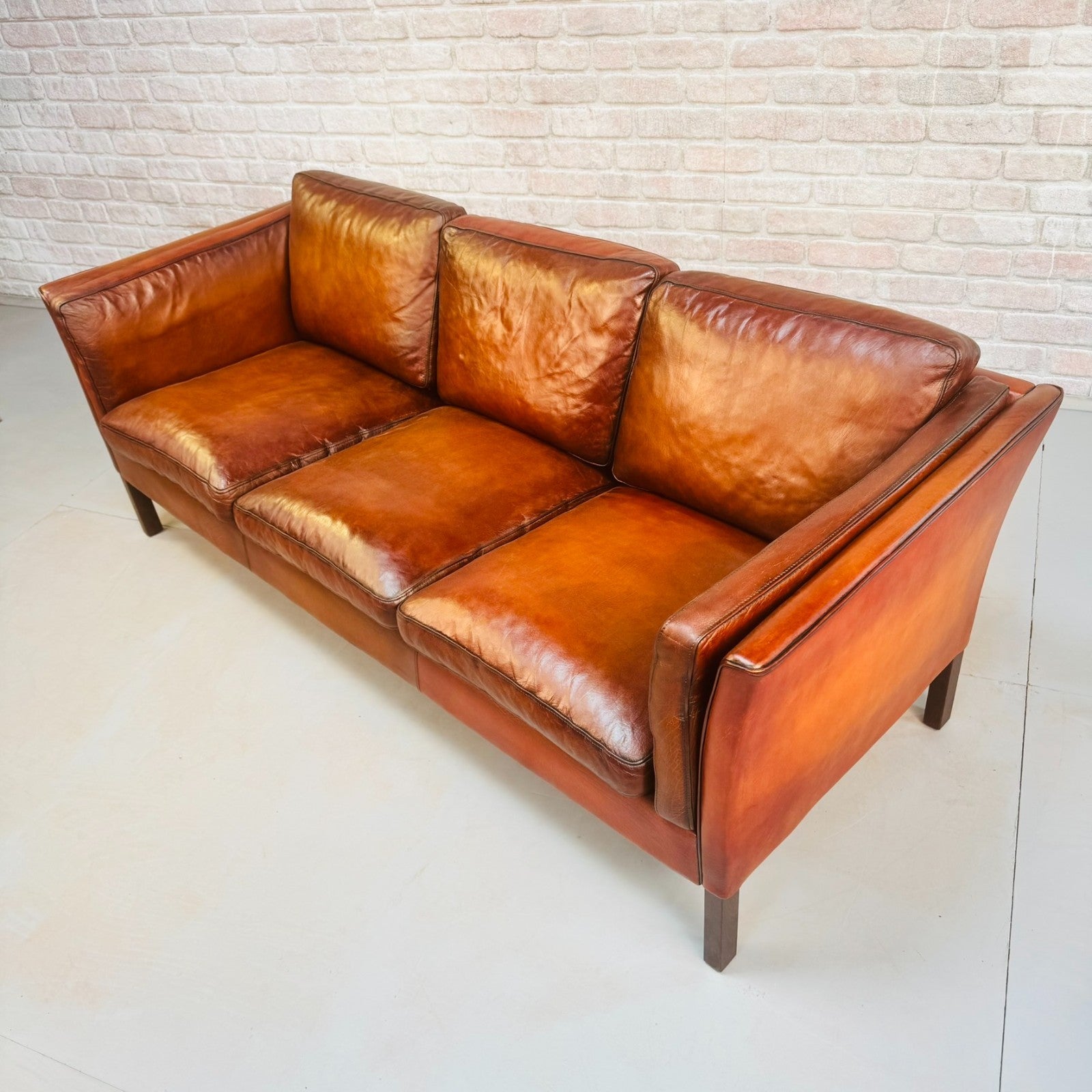 Vintage 1970s Danish Tan Leather Three Seater Sofa