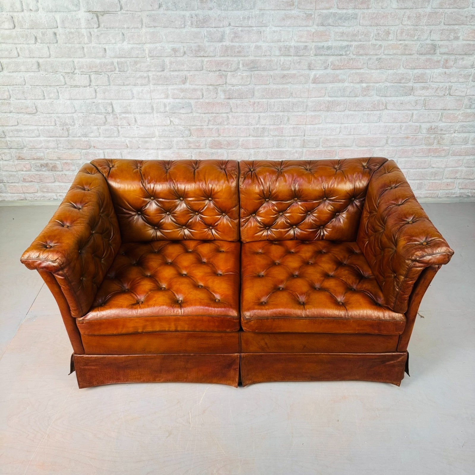 Vintage Danish Tan Leather Two Seater Sofa Fully Buttoned