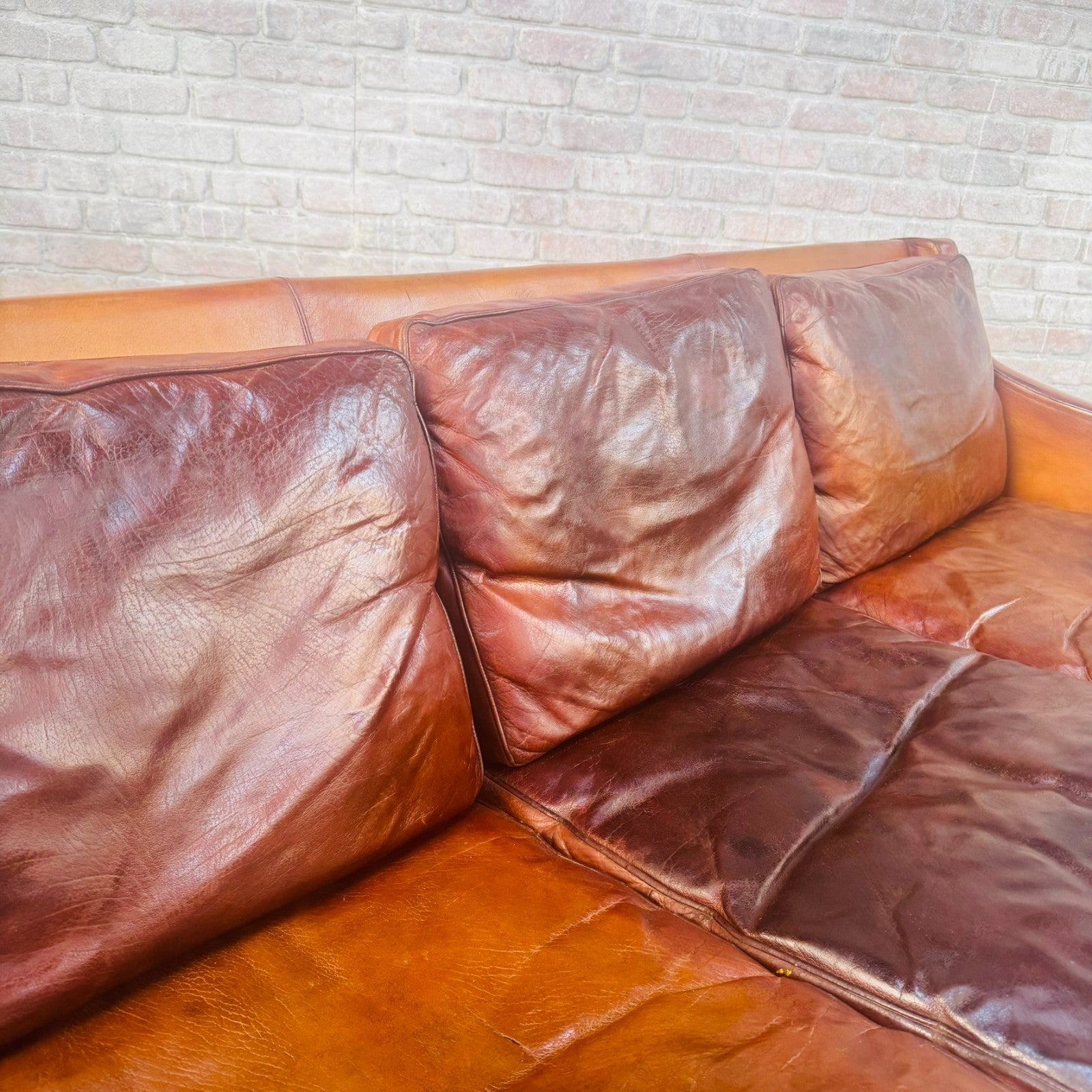 1960s Swedish Patinated Tan Leather 3-Seater Sofa – Dark Walnut Legs