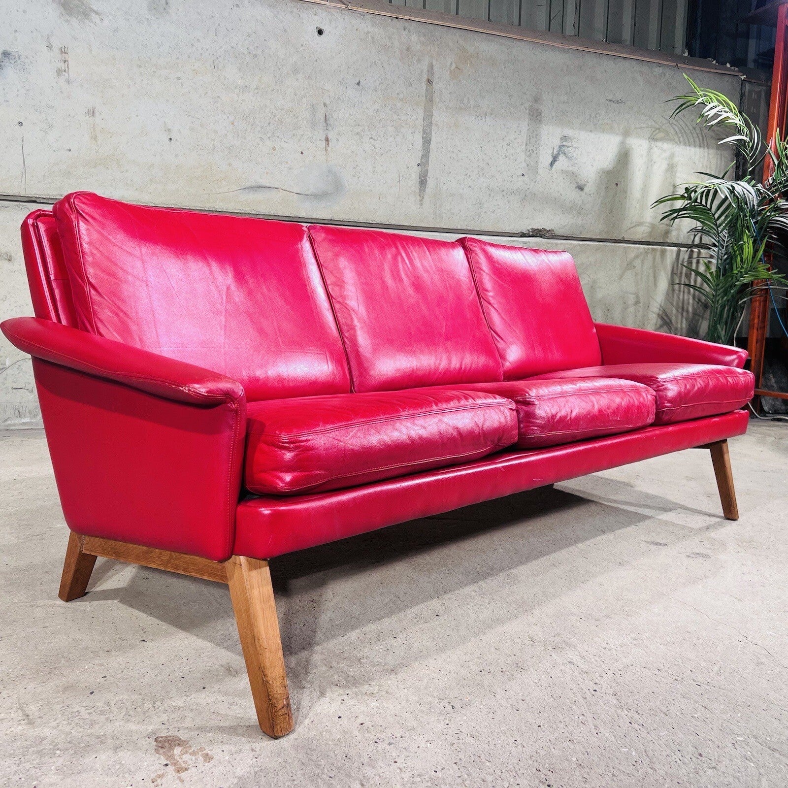 Stylish Danish 1970 Vibrant Red Three seater Leather Sofa