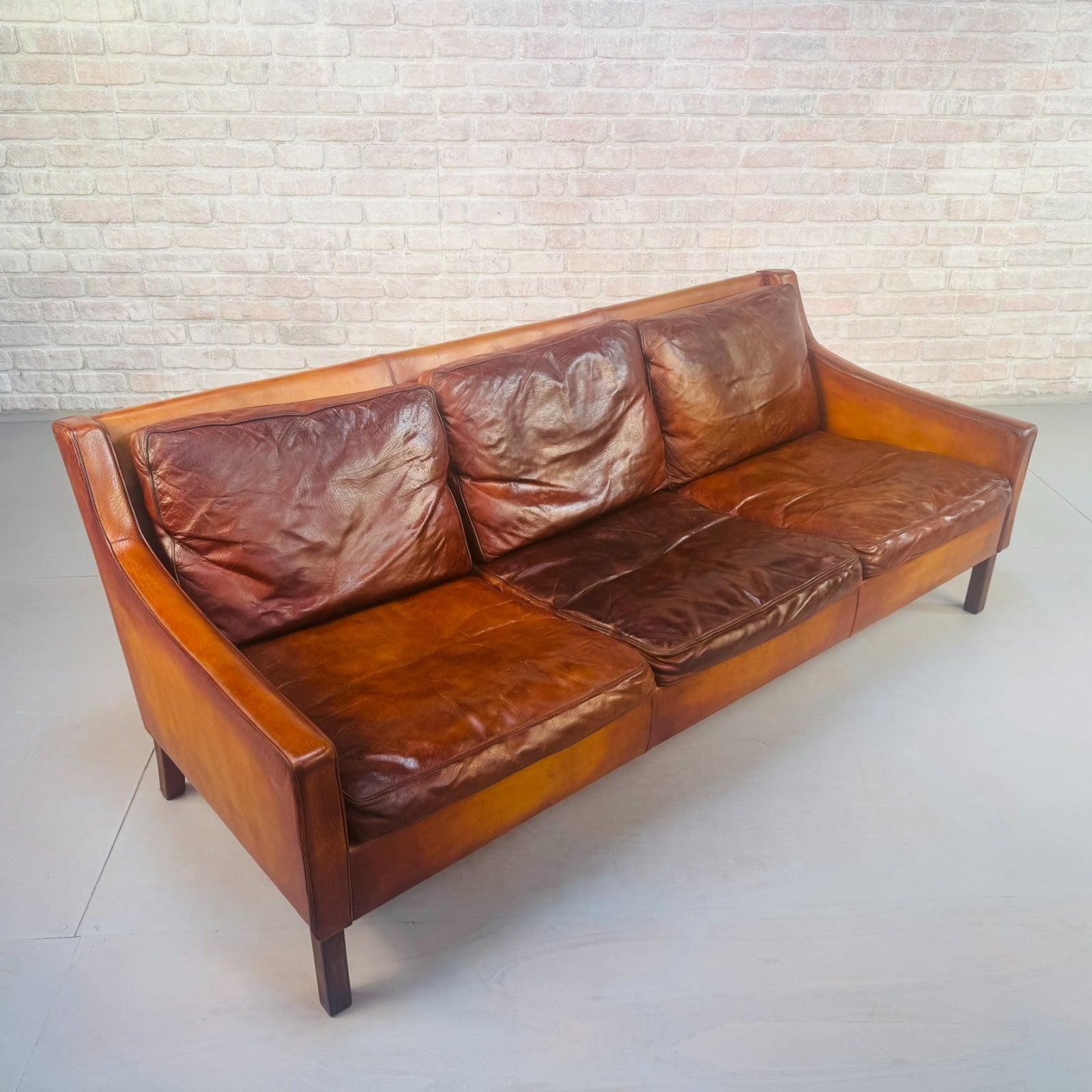 1960s Swedish Patinated Tan Leather 3-Seater Sofa – Dark Walnut Legs