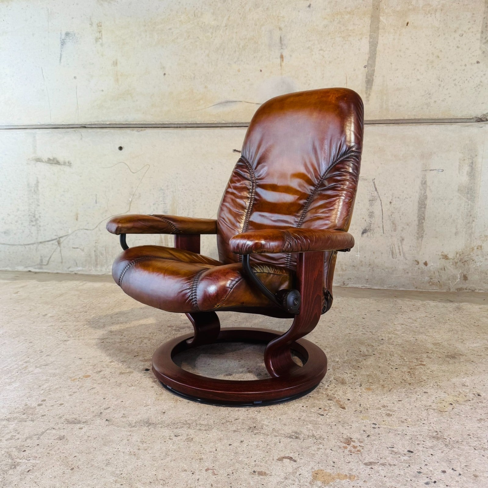 Vintage Ekornes Tan Leather Swivel Recliner Chair — Compact Design