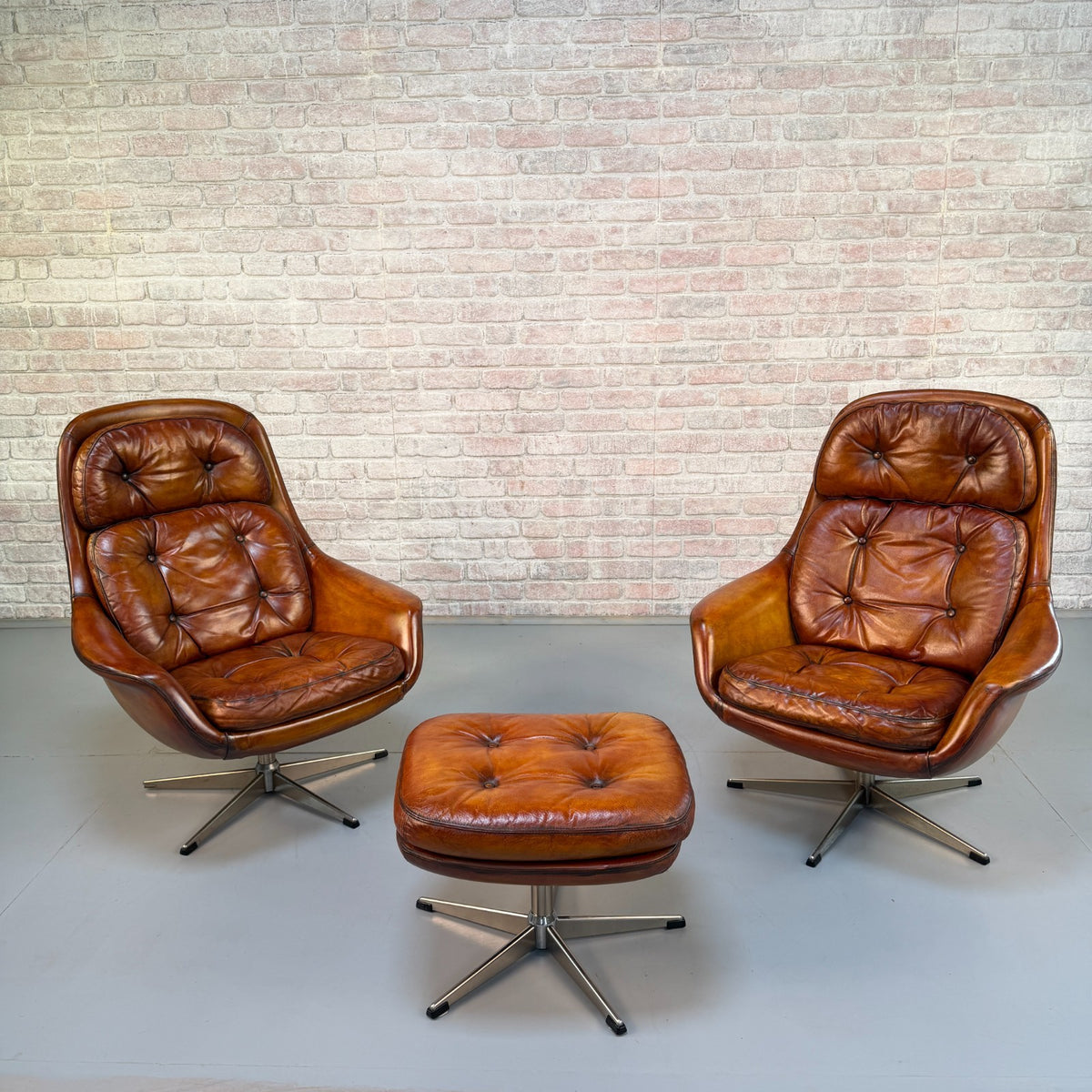 Vintage 1970s H.W. Klein Danish Tan Leather Swivel Egg Chairs & Footstool