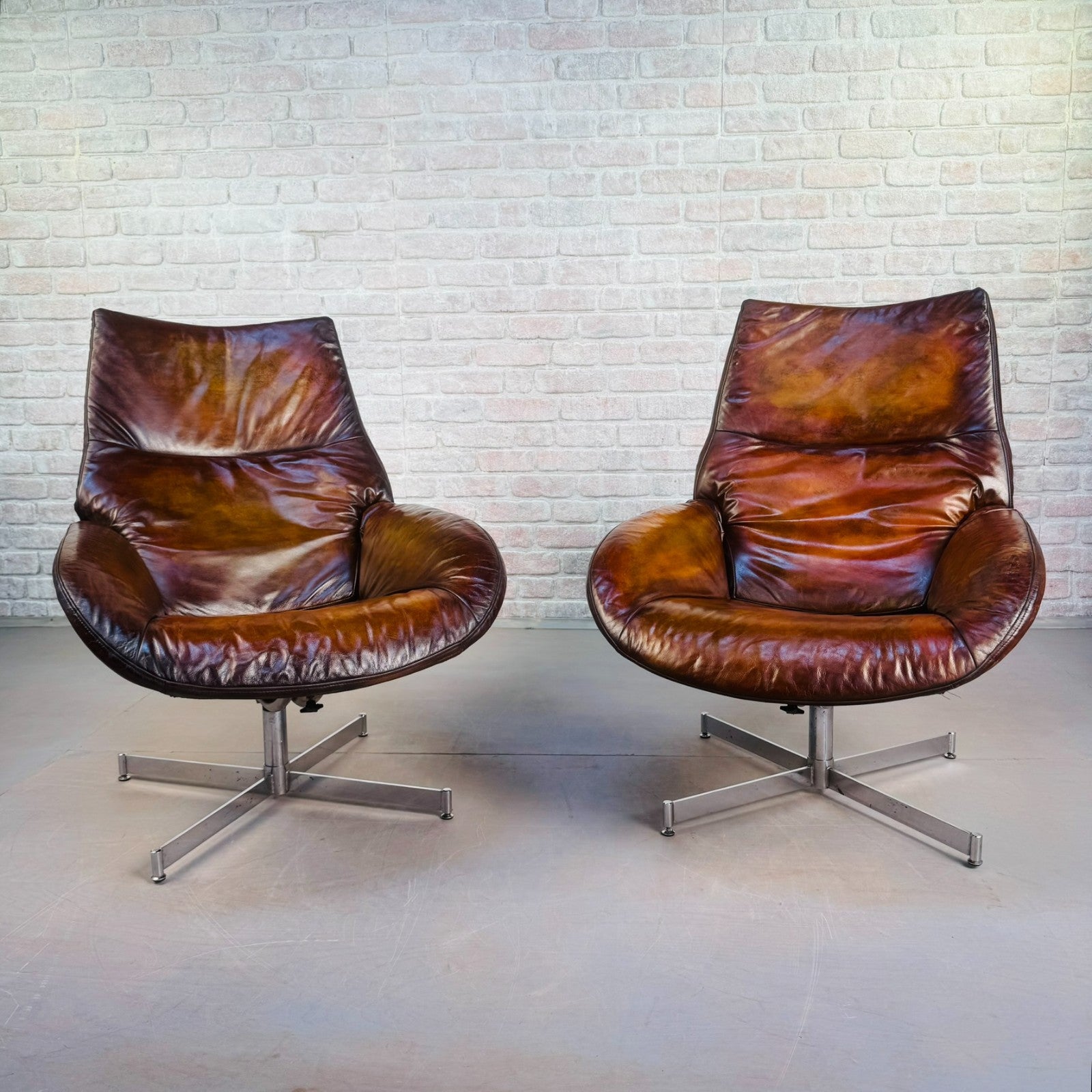 Stylish Vintage Danish Tan Leather Swivel Reclining Armchairs – Beautiful Patina