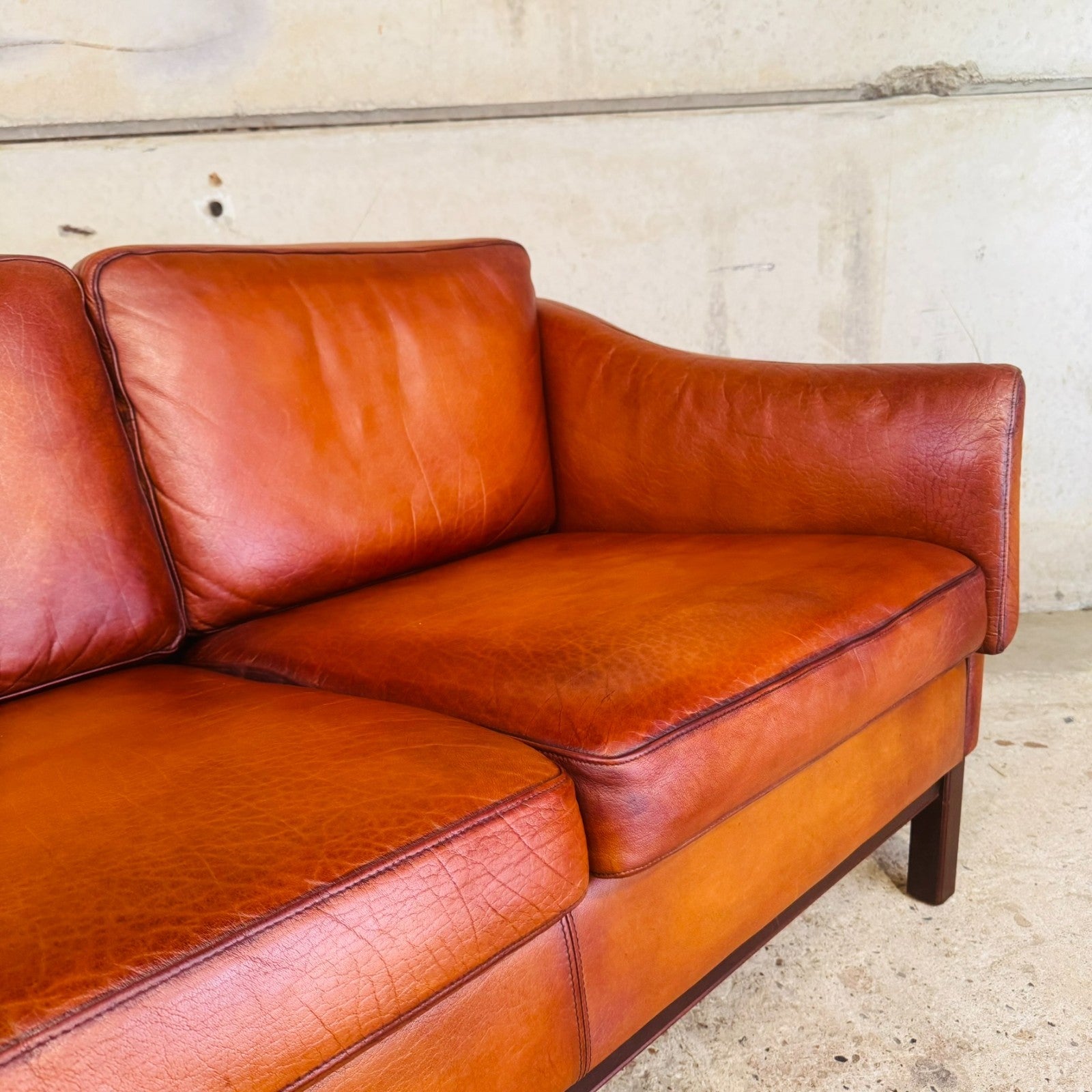 1970s Danish Cognac Leather 3 Seater Sofa — Curved Arms & Beech Plinth