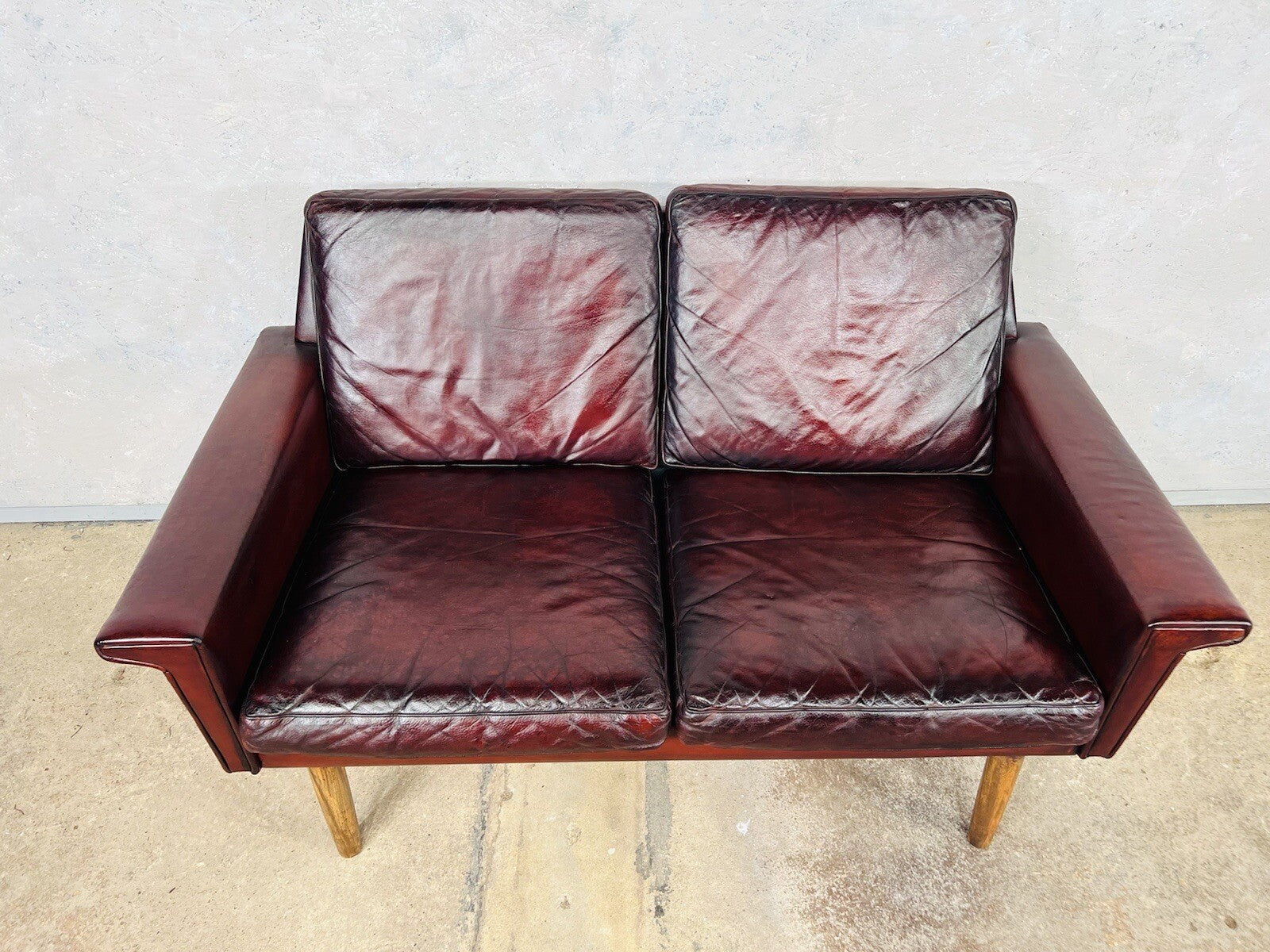 Vintage Svend Skipper Danish 1970 Deep Cherry Leather Two-Seater Leather Sofa