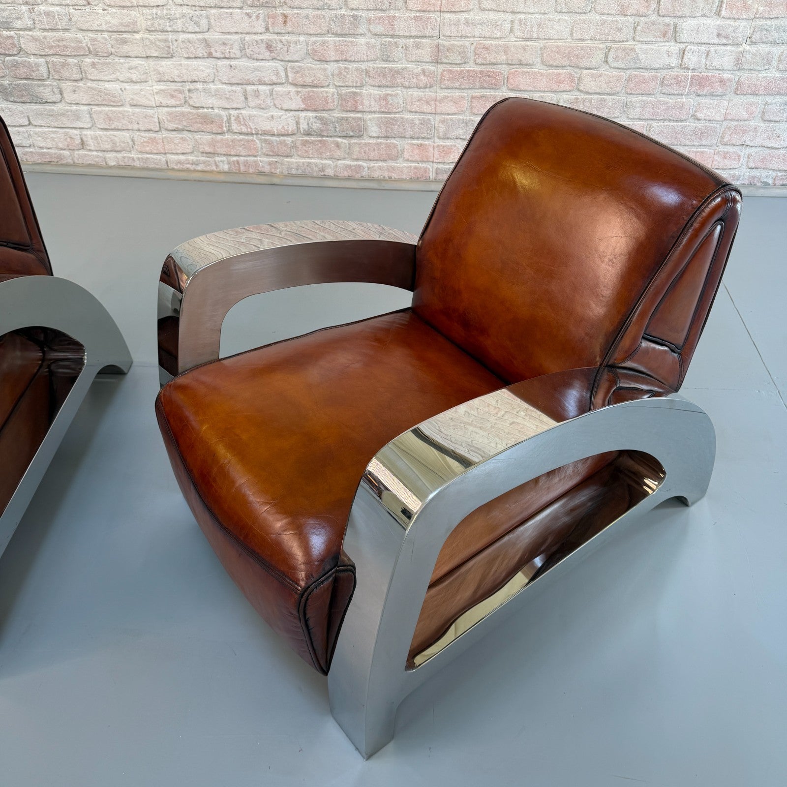 Stunning Pair of Vintage Art Deco Chrome Aviator Heritage Brown Leather Armchair