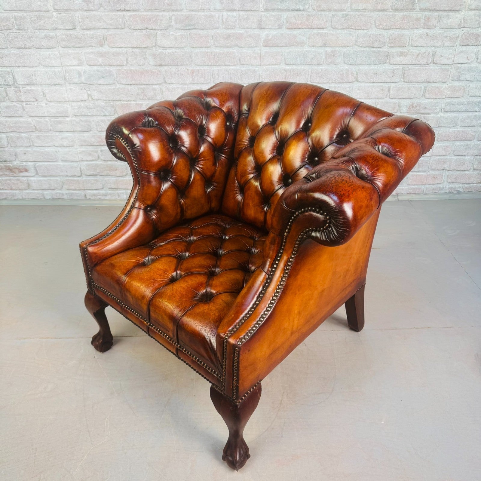 Vintage English Chesterfield Tan Leather Armchair Ball & Claw Mahogany Chair