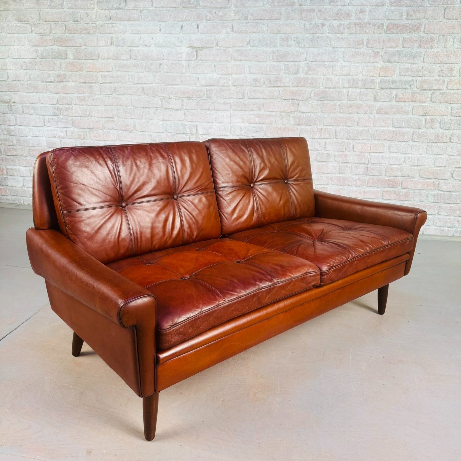 Vintage 1970s Svend Skipper Brown Leather Two-Seater Sofa