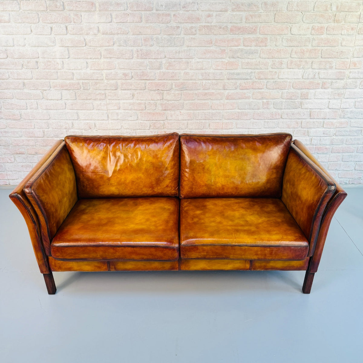 Vintage Danish Hand Dyed Tan Leather 2.5 Seater Sofa Mid Century