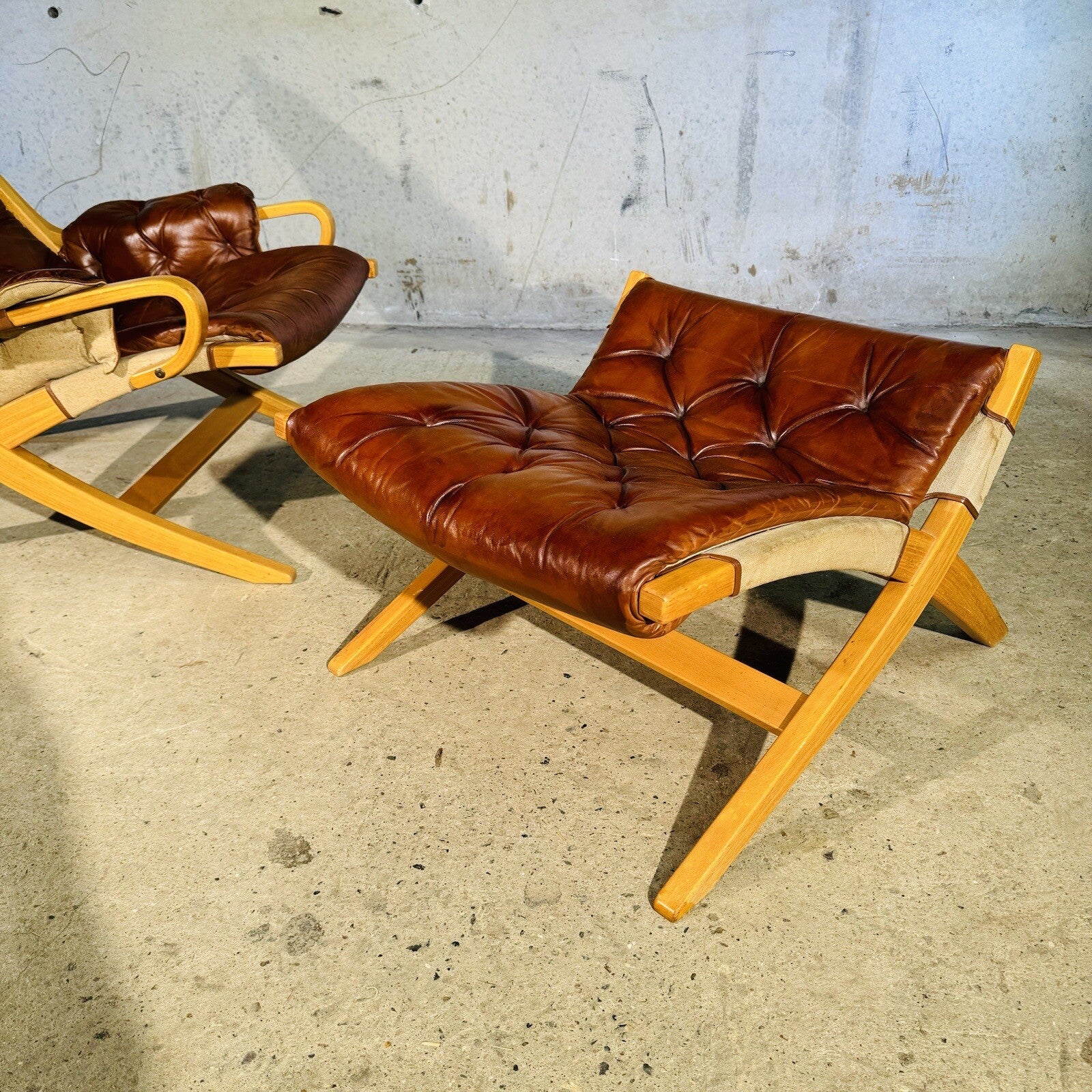 Stylish Swedish 1970s Tan Leather And Canvas Armchair and Footstool