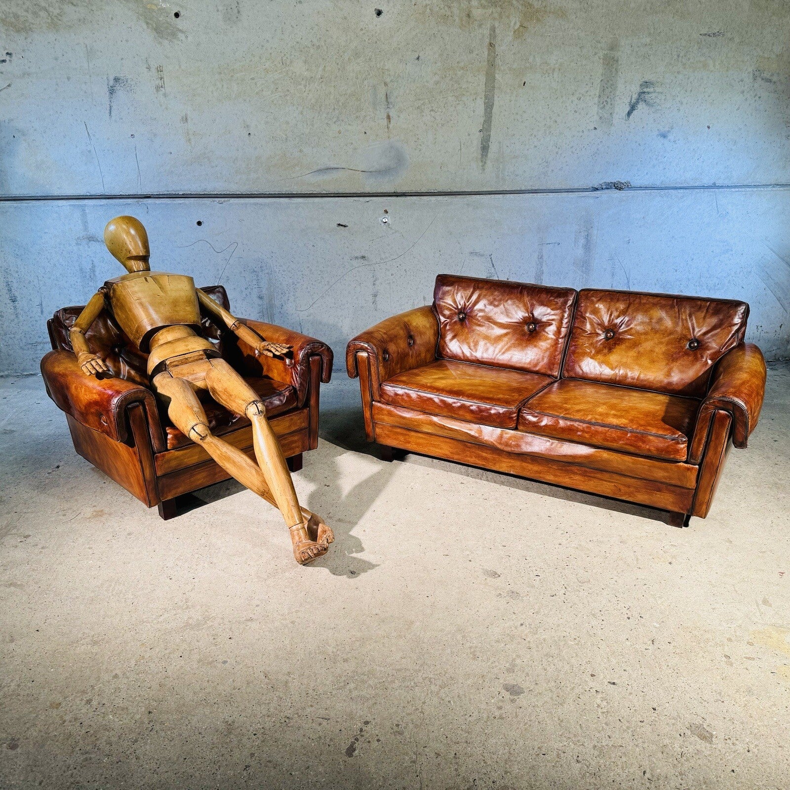 Vintage 1970s Danish Svend Skippers  Leather Sofa Two-Seater and Chair Set #A242