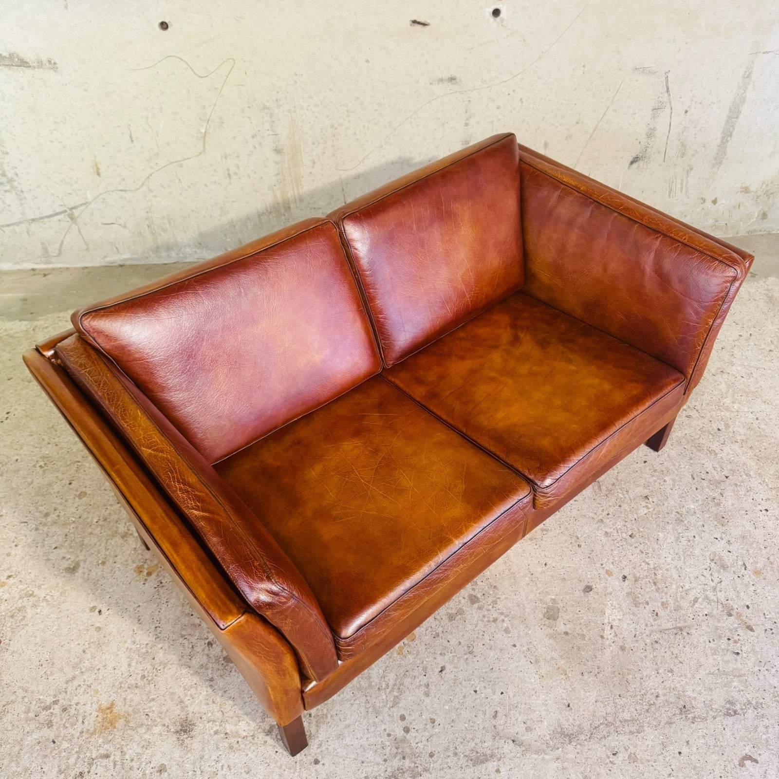 Vintage Danish Tan Leather 2 Seater Sofa — Neat Proportions