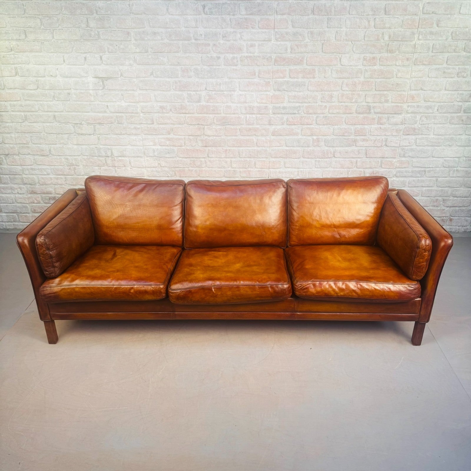 Vintage Long 70s Danish Mogens Hansen Tan Leather 3 Seater Sofa Feather Cushions