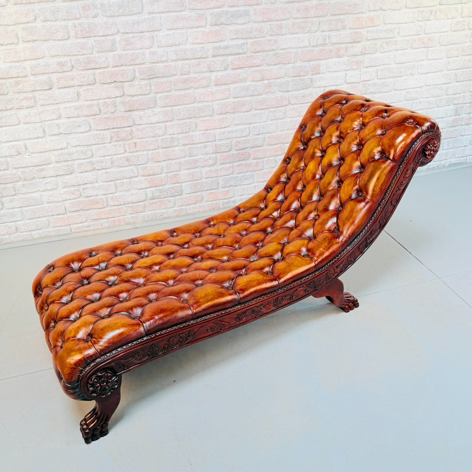 Decorative Chesterfield Style Tan Hand-Dyed Leather Chaise Lounge