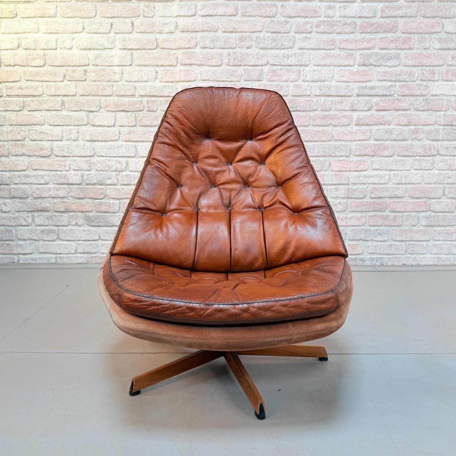 1960s Pair of Madsen & Schubell MS68 Cognac Leather Lounge Chairs & Footstools