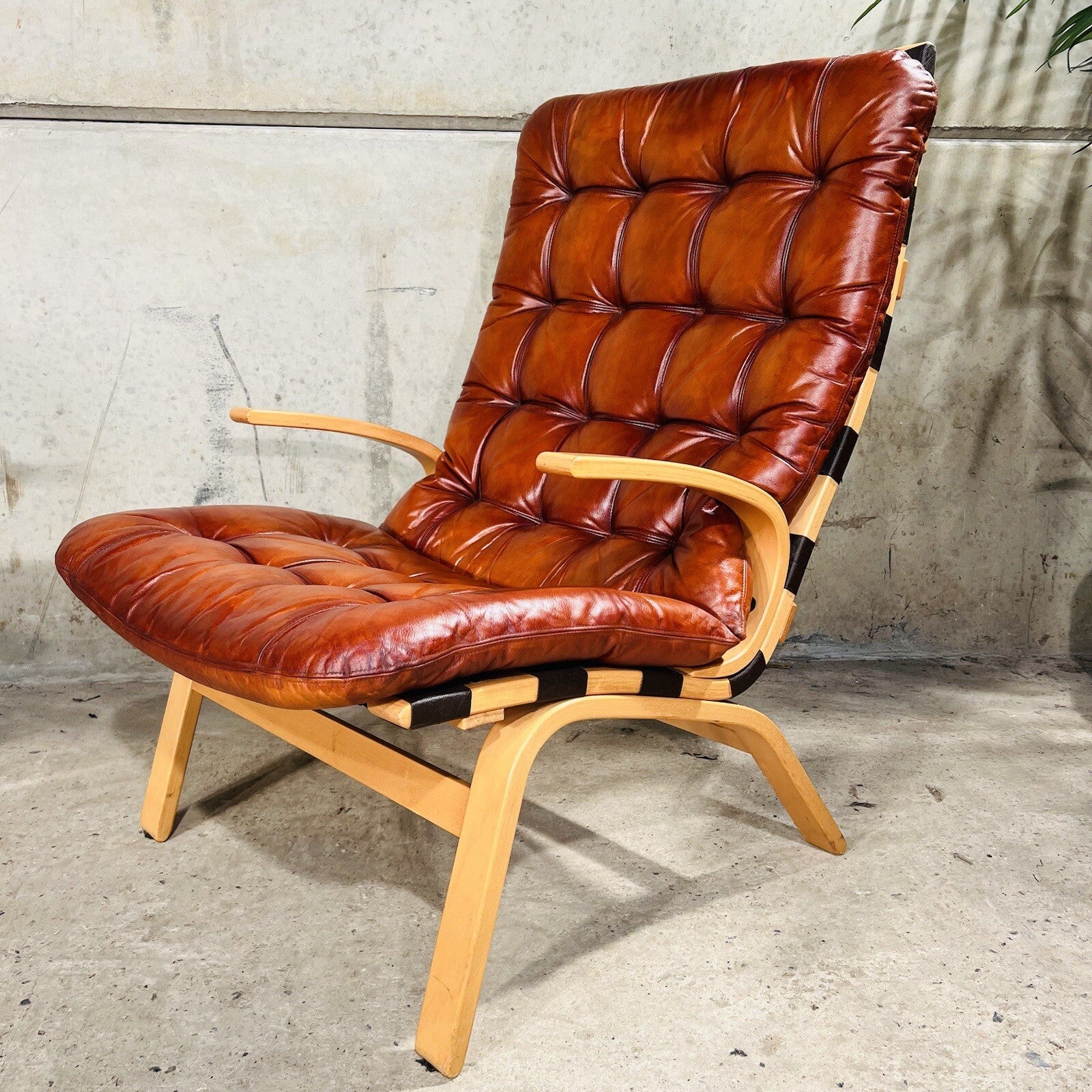 Wide Back Vintage 1970s Danish Cognac Leather Birch Bentwood Pair of Chairs