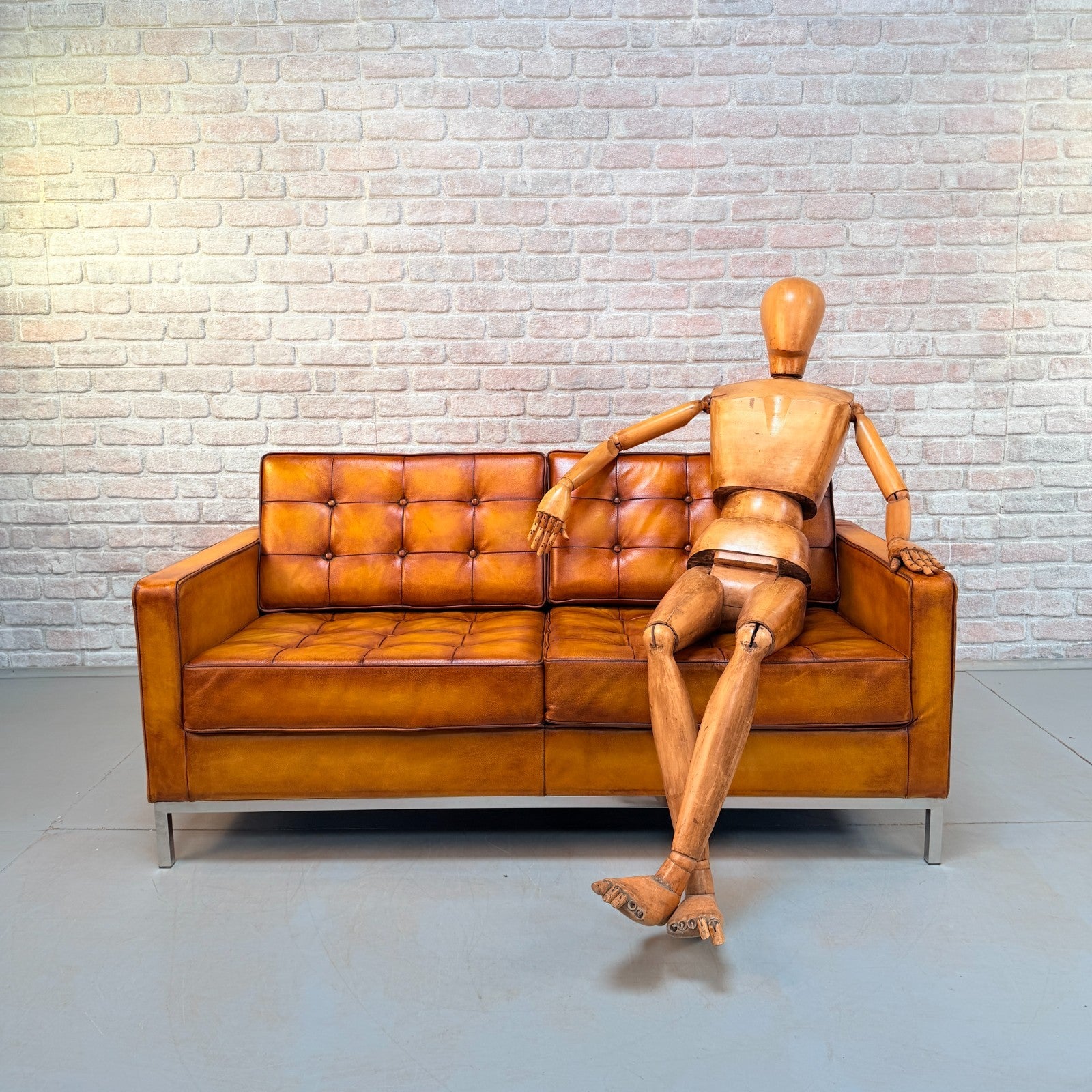 Vintage Florence Knoll Style Tan Leather Two Seater Sofa