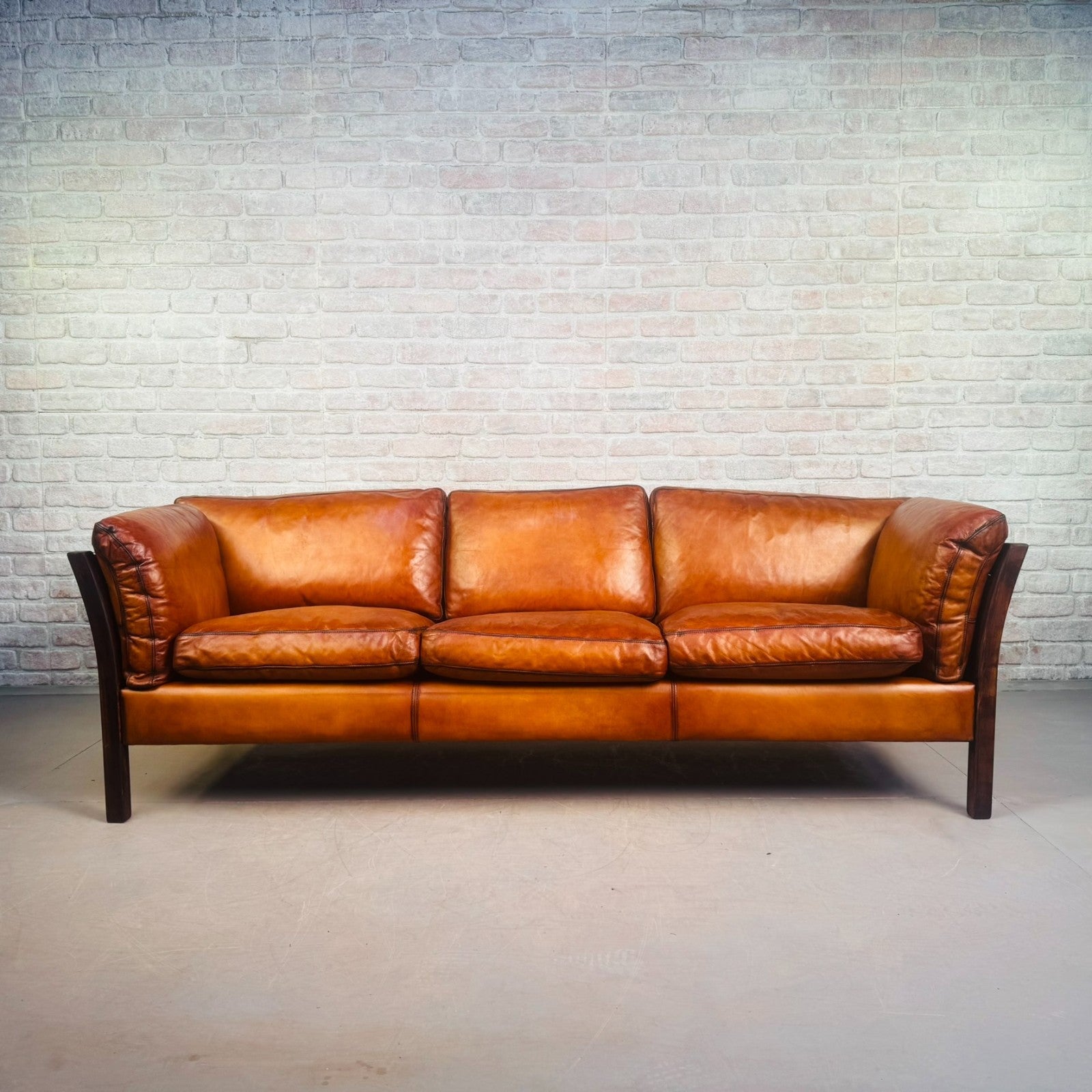 Long Vintage Danish Cognac Leather 3 Seater Sofa Mid Century Feather Filled