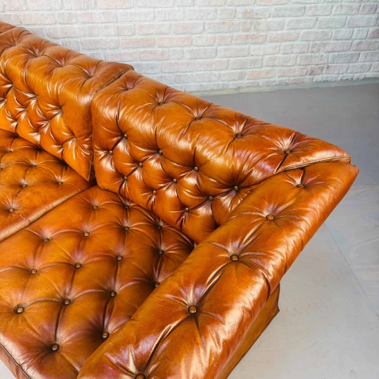 Vintage Danish Tan Leather Three Seater Sofa Fully Buttoned
