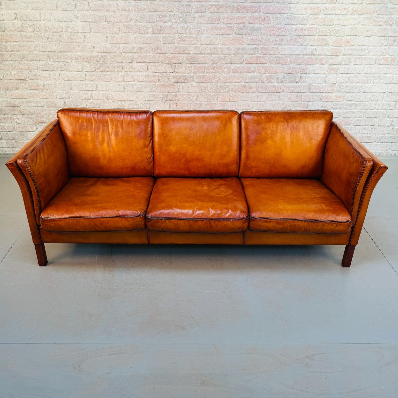 Vintage 1970s Danish Cognac Hand-Dyed Leather Three Seater Box Sofa