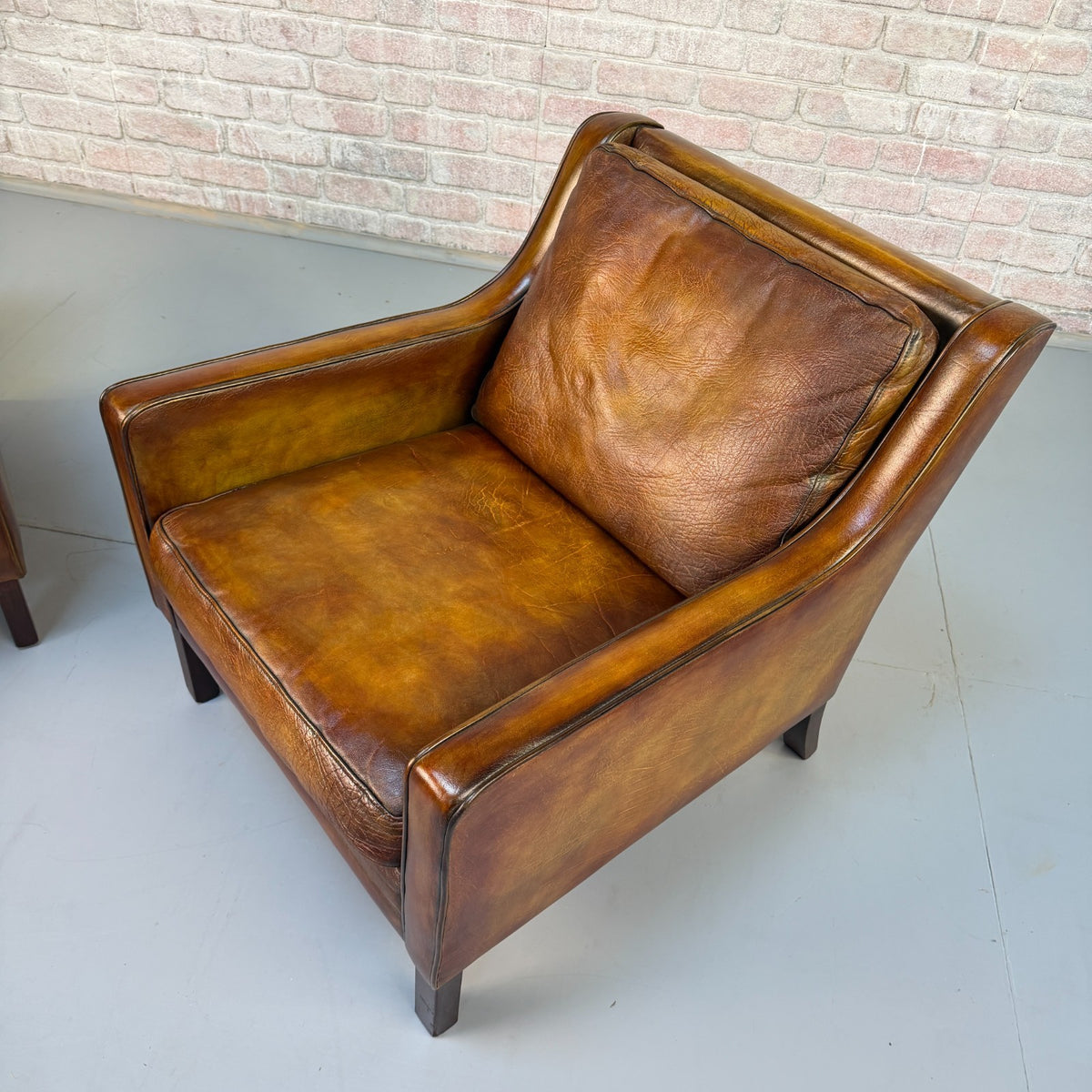 Near Pair Vintage 1970s Mogens Hansen Tan Leather Armchairs Danish Design