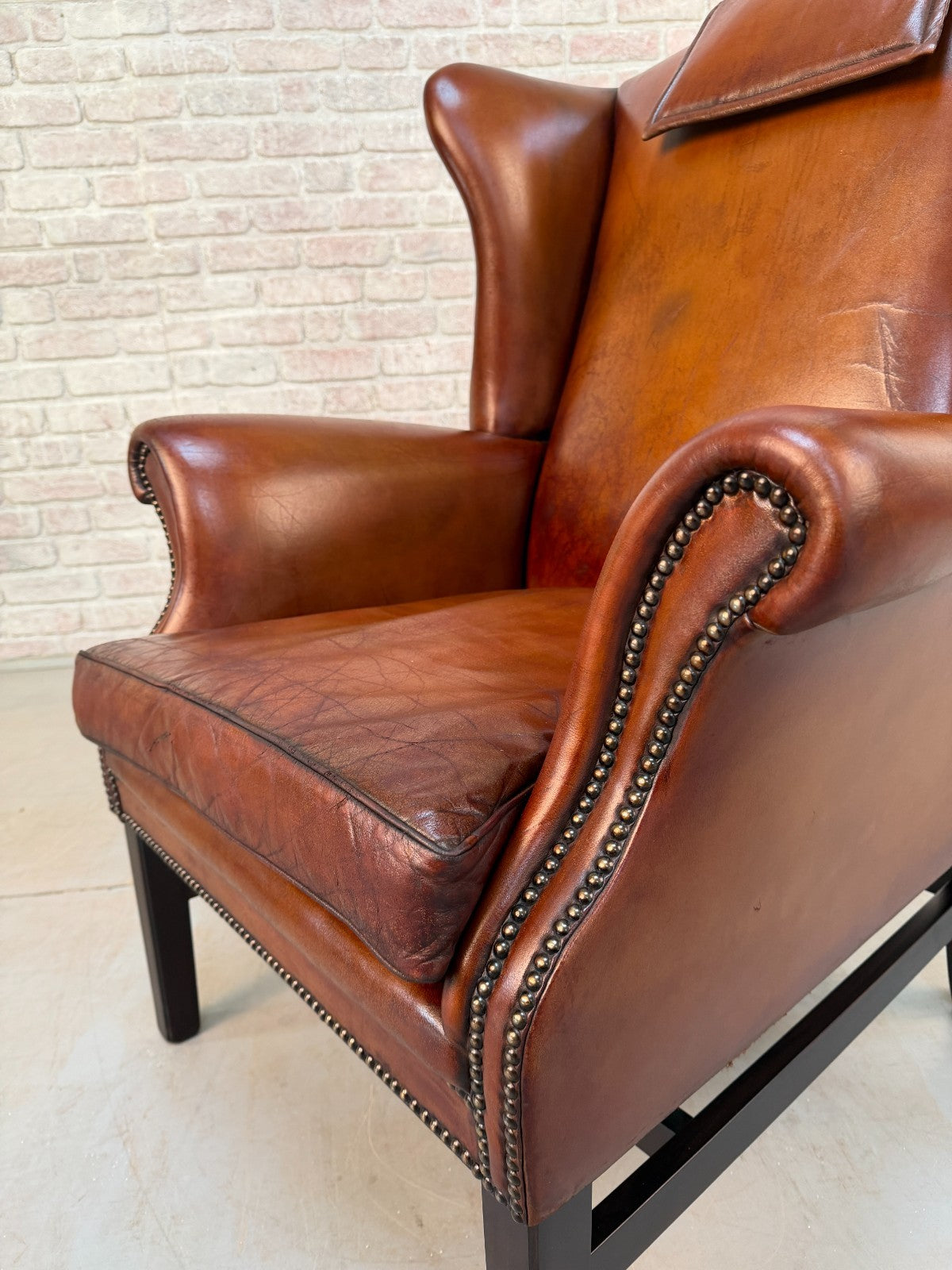 Vintage Danish Dark Tan Hand-Dyed Leather Wingback Chair & Matching Footstool