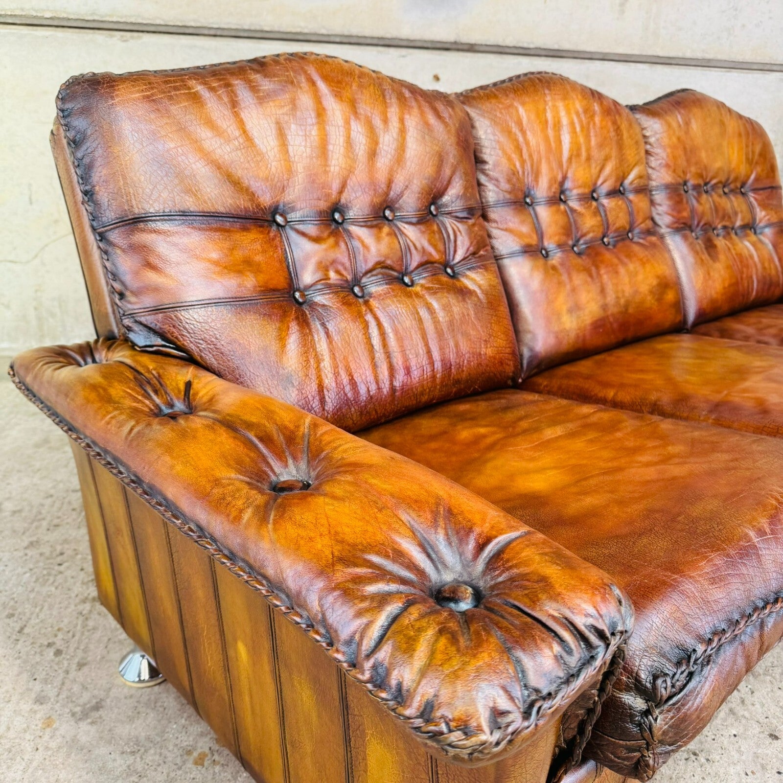 1970s Danish Rustic Tan Leather Three-Seater Sofa – Full Grain Buffalo