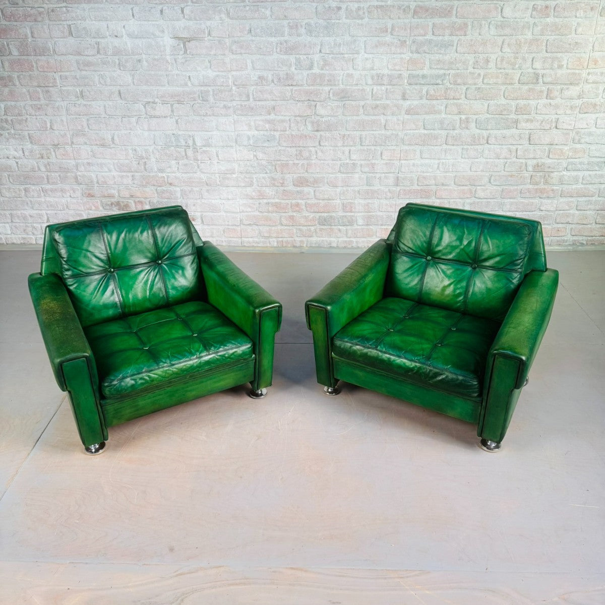 Vintage Danish Green Leather Pair of Armchairs by Svend Skipper