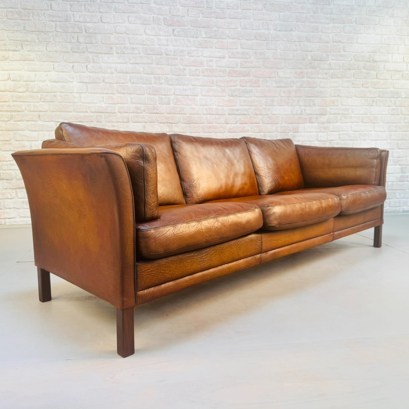 Vintage 1970s Mogens Hansen Danish Three Seater Tan Leather Sofa