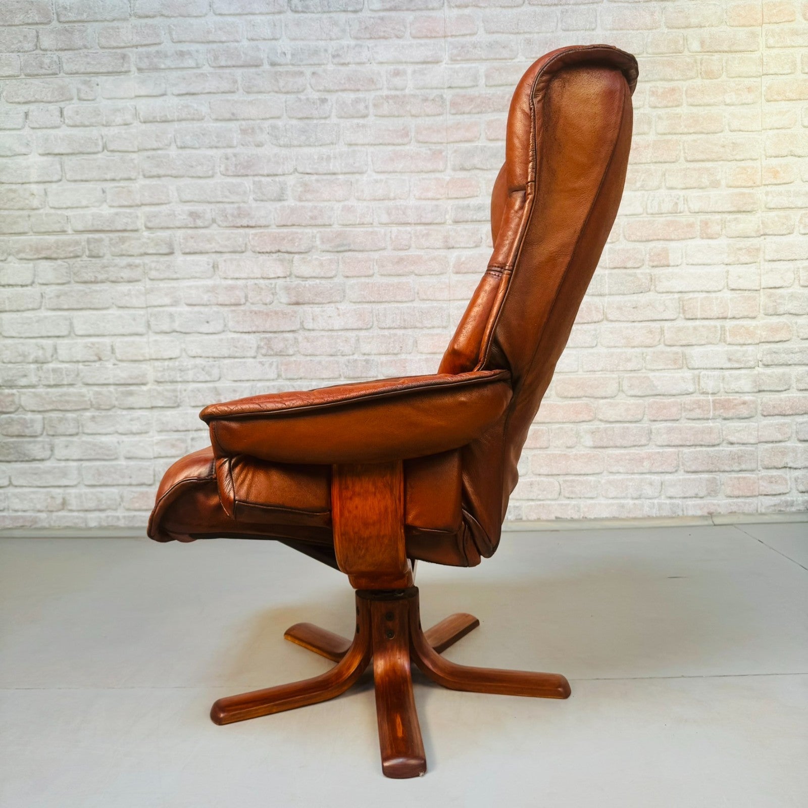 Vintage Danish Reclining Swivel Chair & Footstool | Hand Dyed Tan Leather