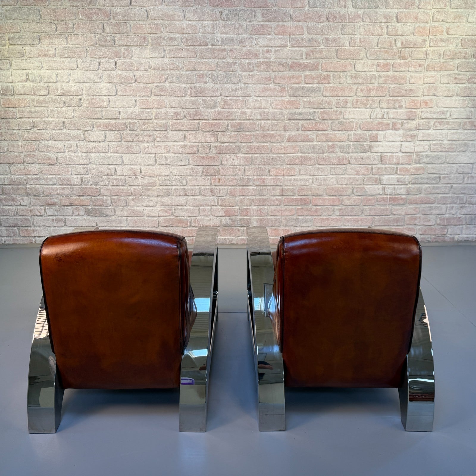 Stunning Pair of Vintage Art Deco Chrome Aviator Heritage Brown Leather Armchair