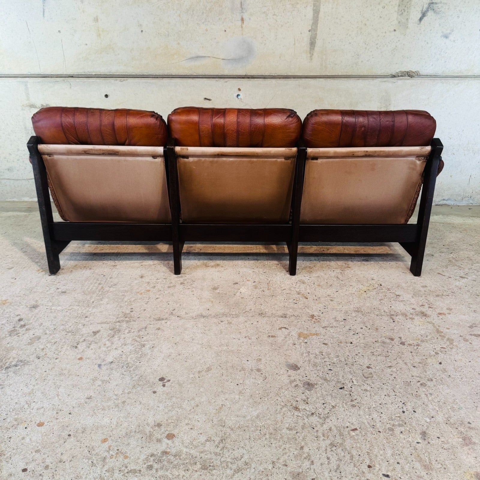 1970s Jean Gillon Brazilian Oak & Tan Leather Three-Seater Sofa