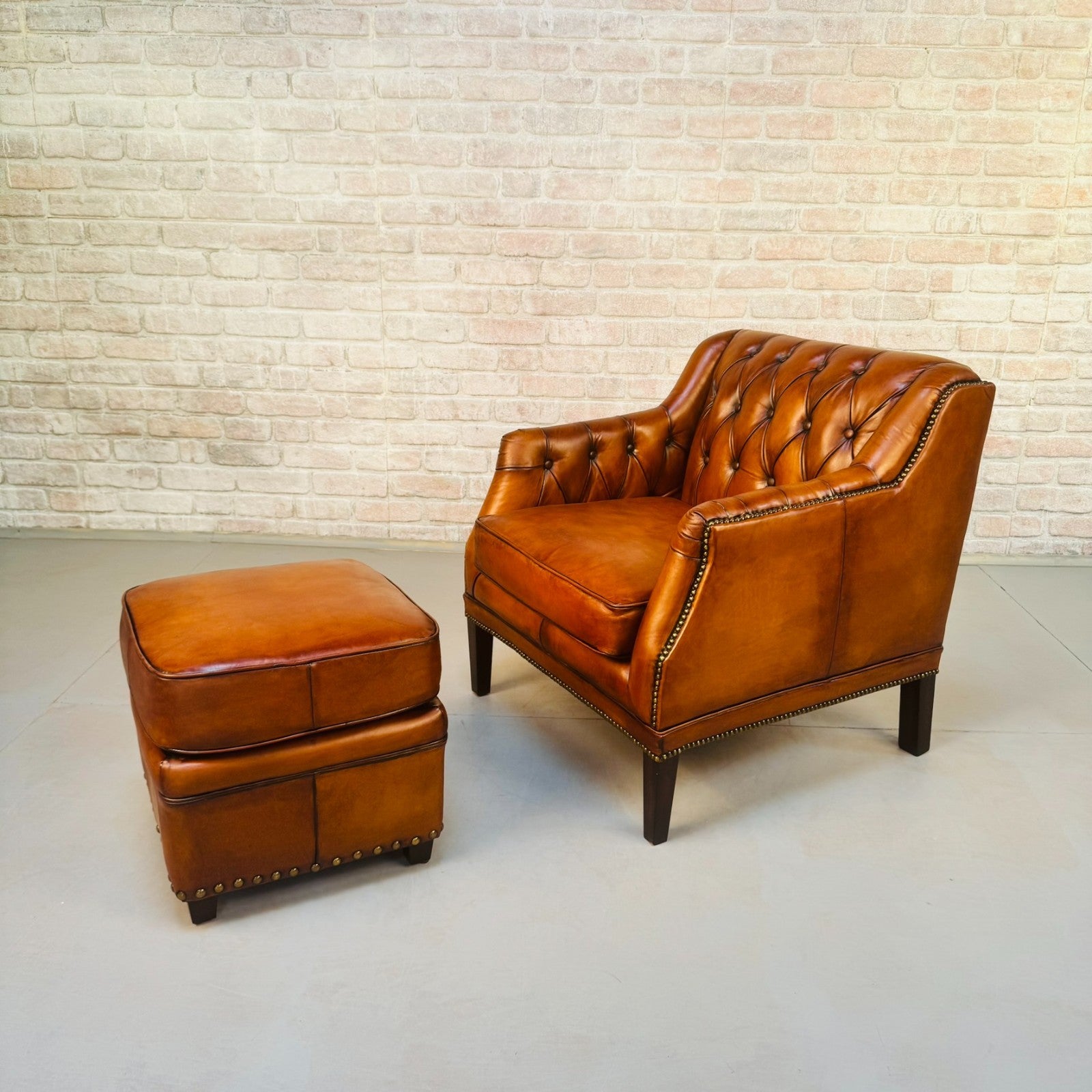 Vintage Chesterfield Armchair & Footstool Tan Leather Cognac Lounge Chair