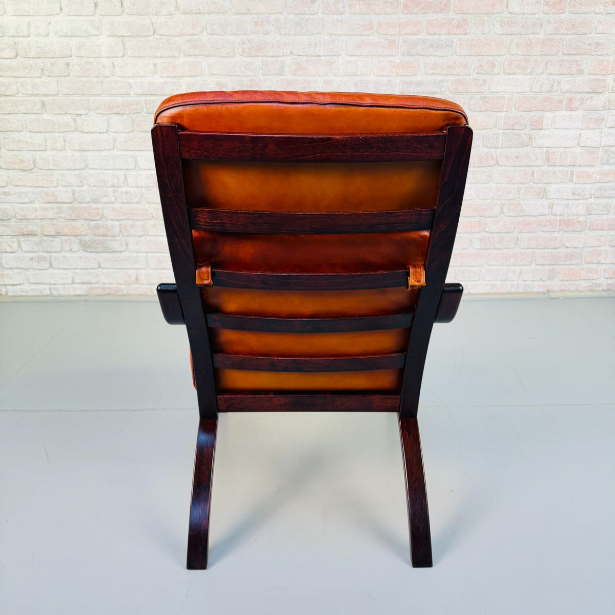 Vintage Danish Stouby Cognac Tan Leather Lounge Armchair Bentwood Beech Frame