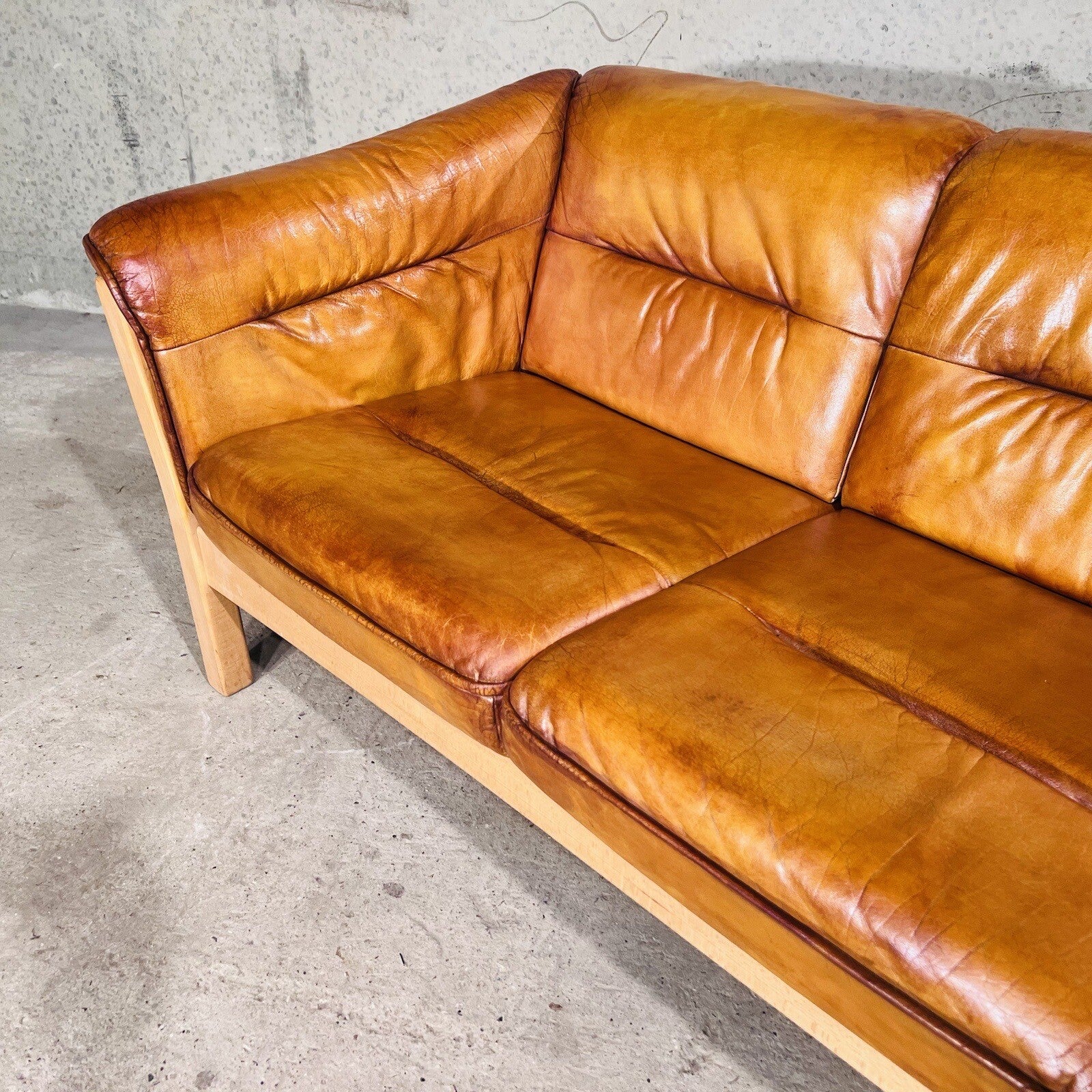Long Vintage Swedish Three-Seater Patinated  Tan Leather Sofa