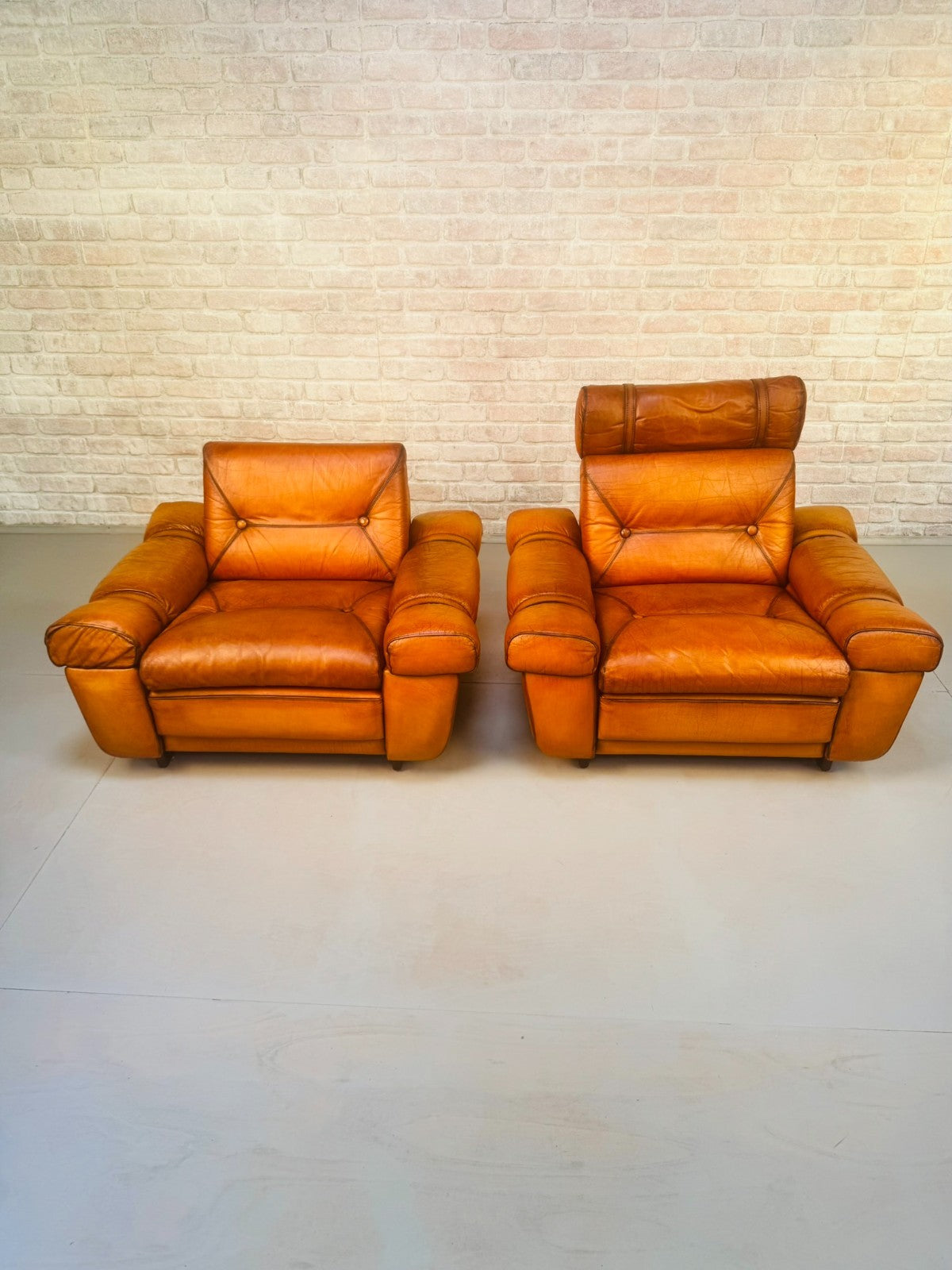 Pair Vintage Skippers Danish His & Hers Light Tan Leather Armchairs