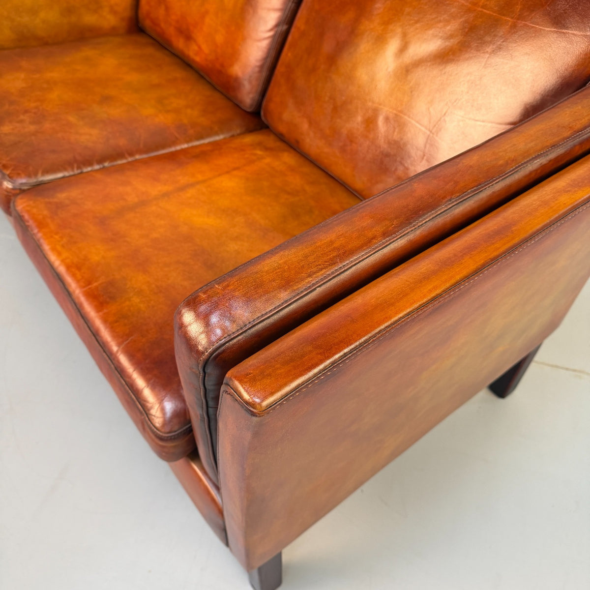 Vintage Danish Tan Leather 2 Seater Sofa – Mid Century Modern Hand Dyed Patina