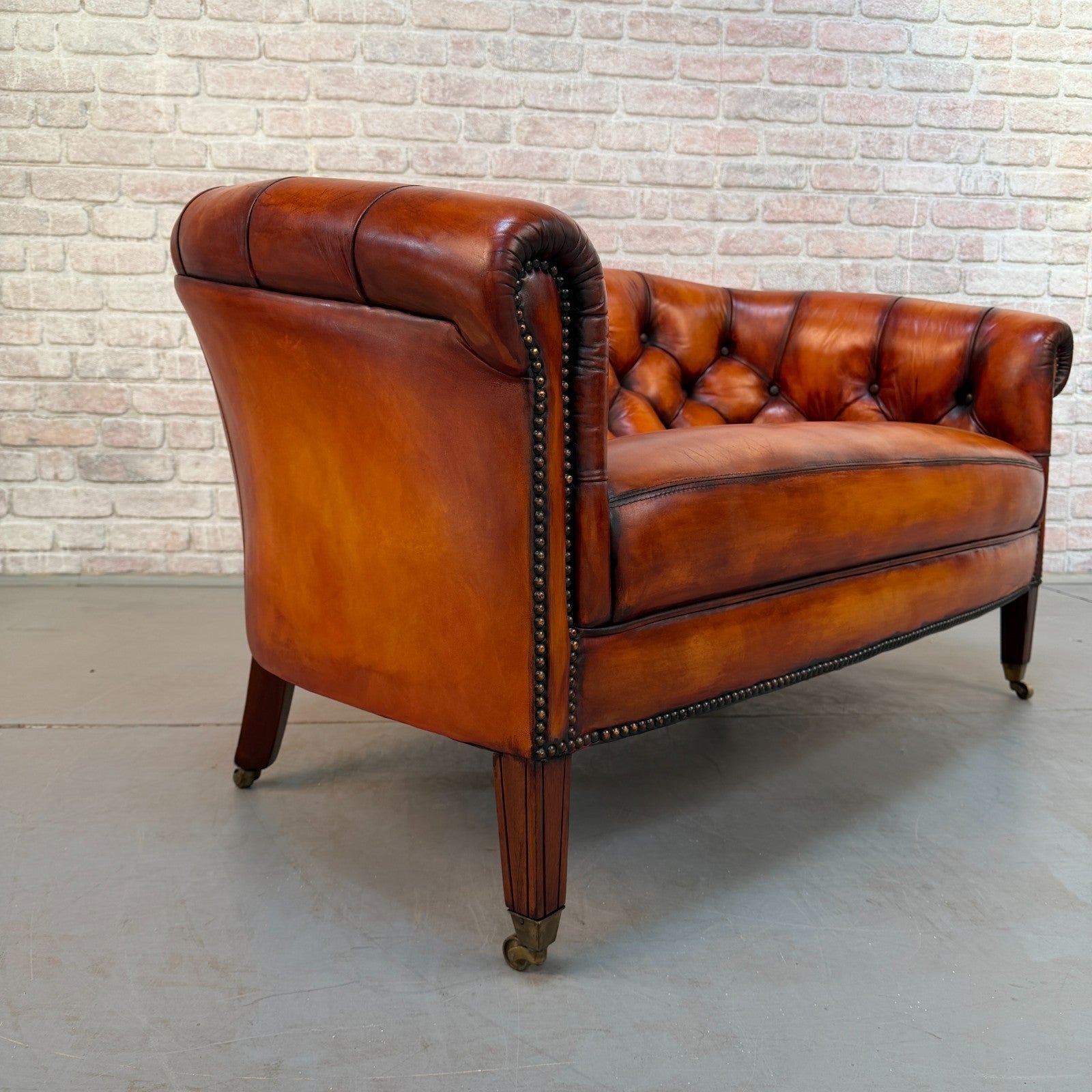 Vintage Neat Chesterfield Tan Hand-Dyed Leather Two Seater Sofa