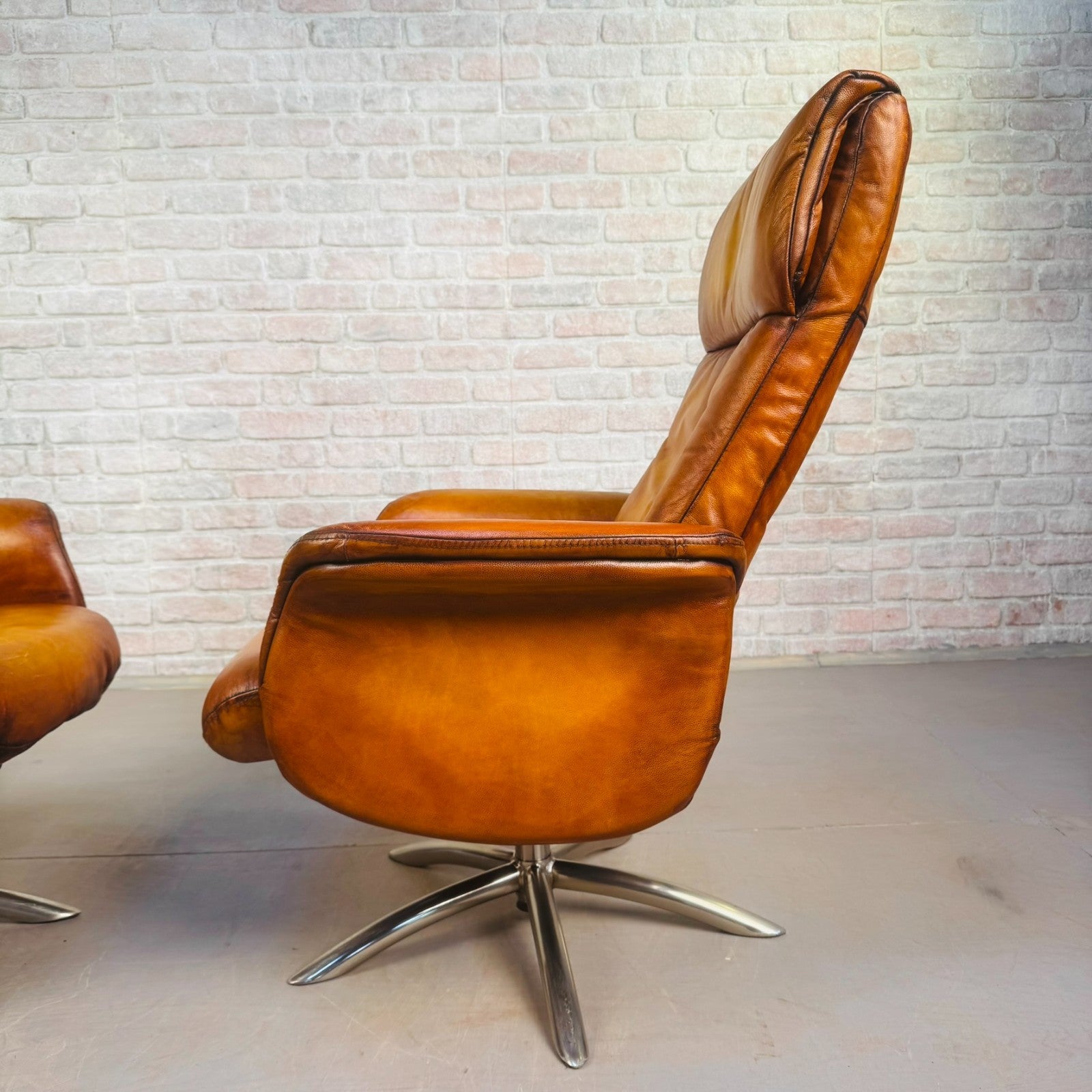 Vintage Pair of Danish High Back Swivel Recliner Chairs – Light Tan Leather
