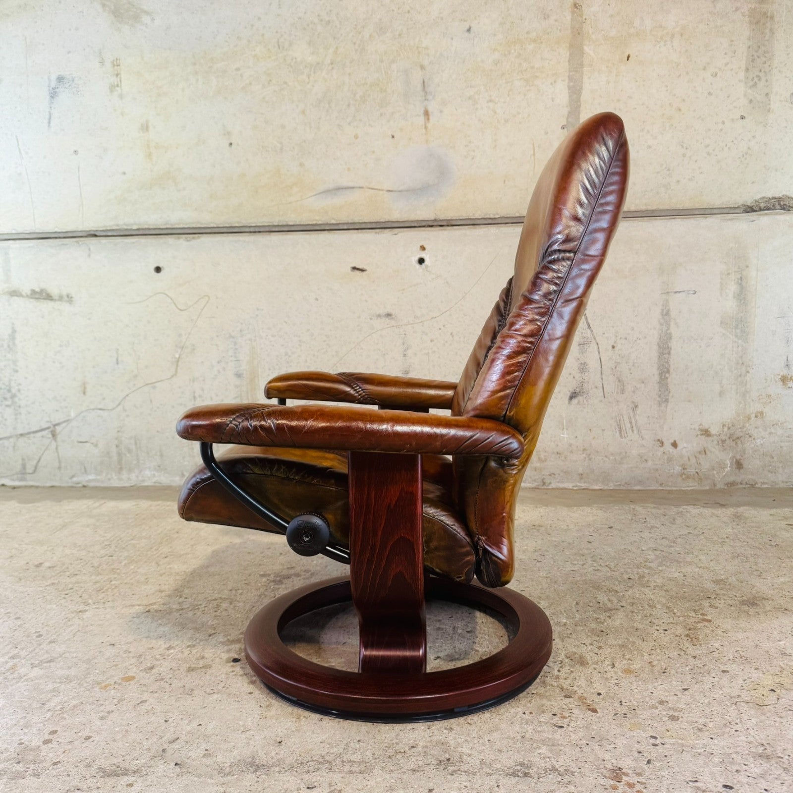 Vintage Ekornes Tan Leather Swivel Recliner Chair — Compact Design