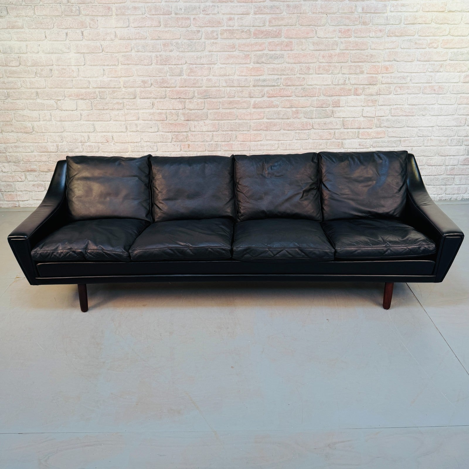Vintage 1970s Danish George Thams Black Hand-Dyed Leather Four Seater Sofa