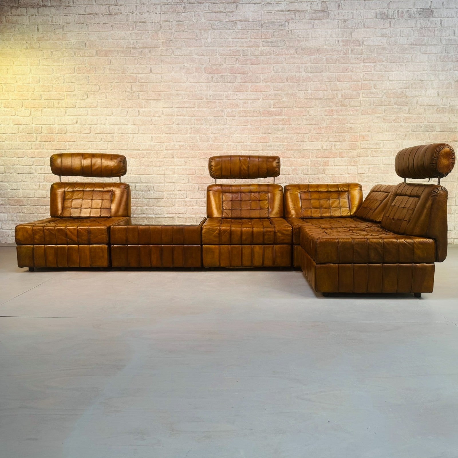 Rare Percival Lafer 60s Modular Sofa 4 Sections & Glass Top Table Tan Leather