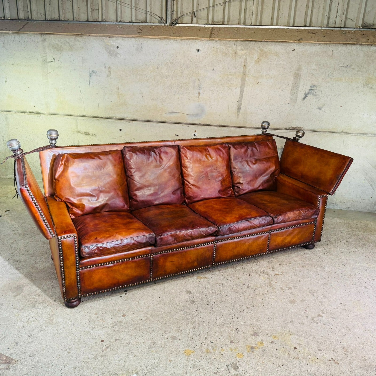 Stunning 1930s Knole Drop-End Large Four-Seater Tan Leather Sofa