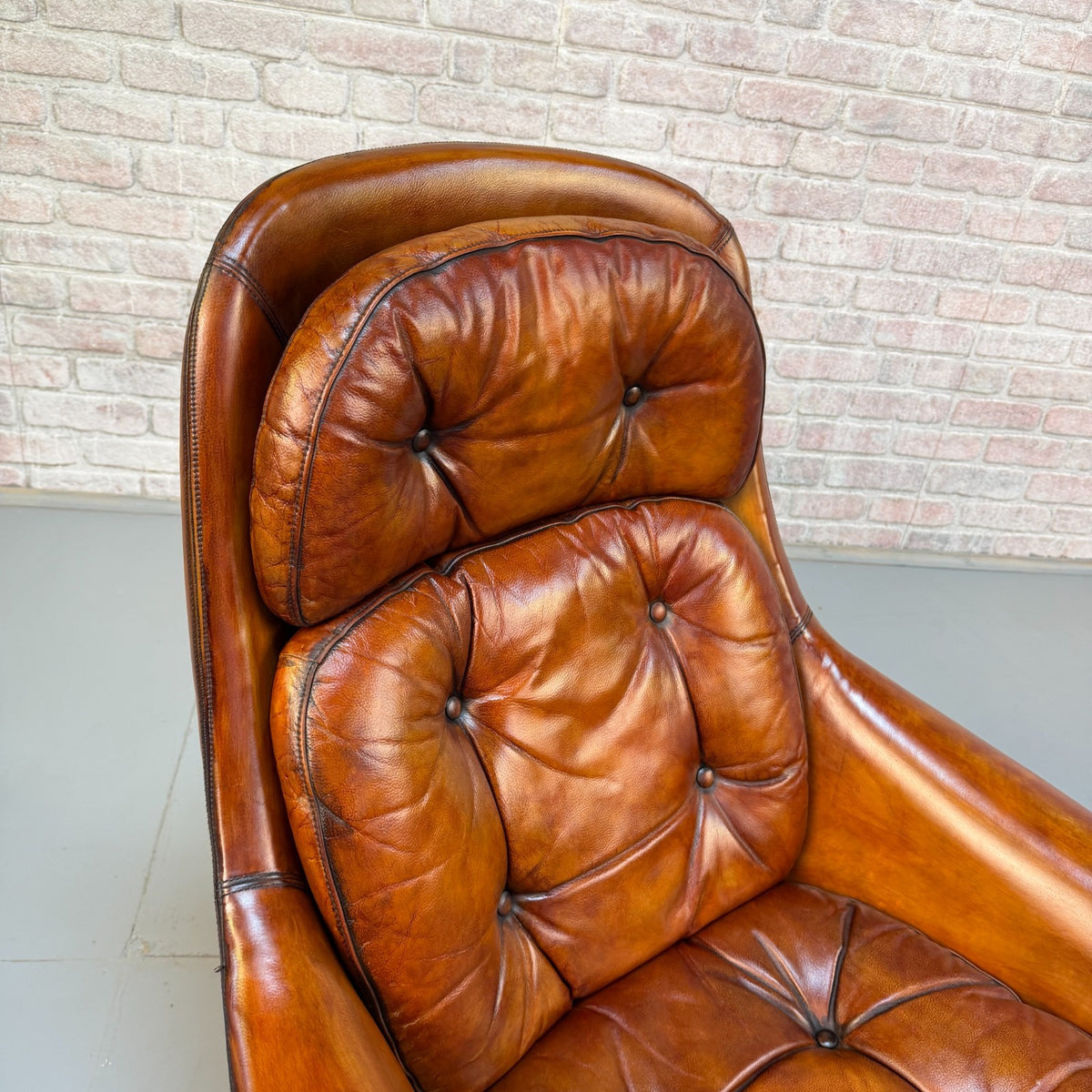 Vintage 1970s H.W. Klein Danish Tan Leather Swivel Egg Chairs & Footstool