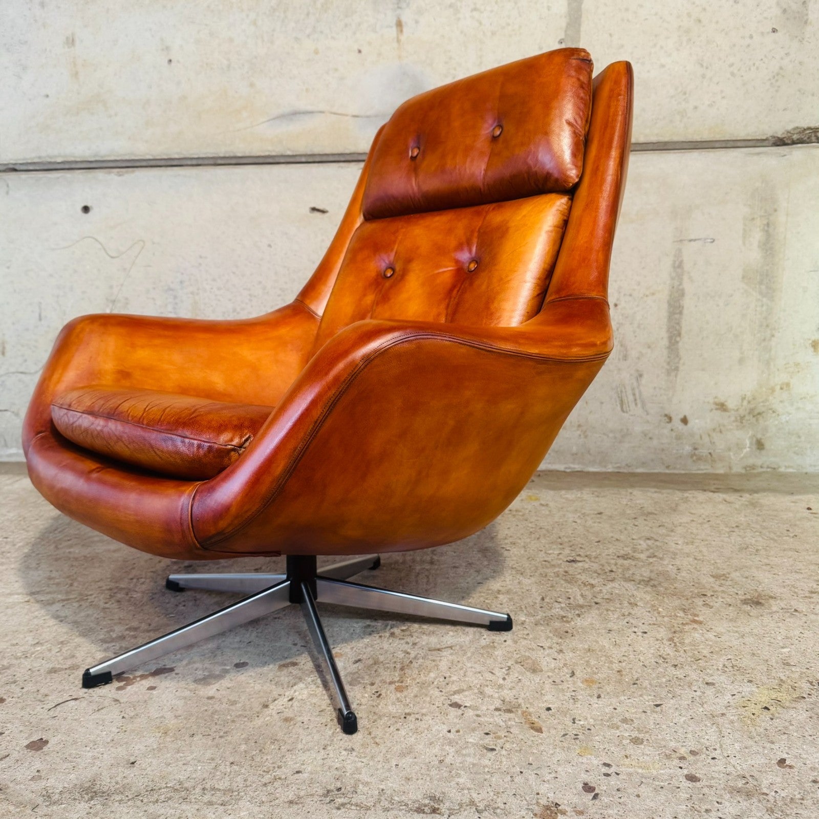 1970s Danish Egg Chair – Cognac Leather Swivel Base Generous Size