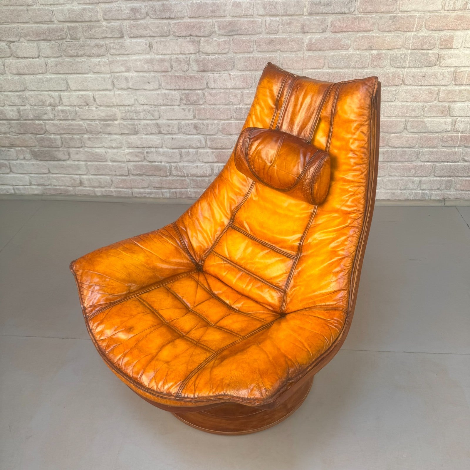 Vintage 1970s Swedish Swivel Lounge Chair | Hand Dyed Light Tan Leather