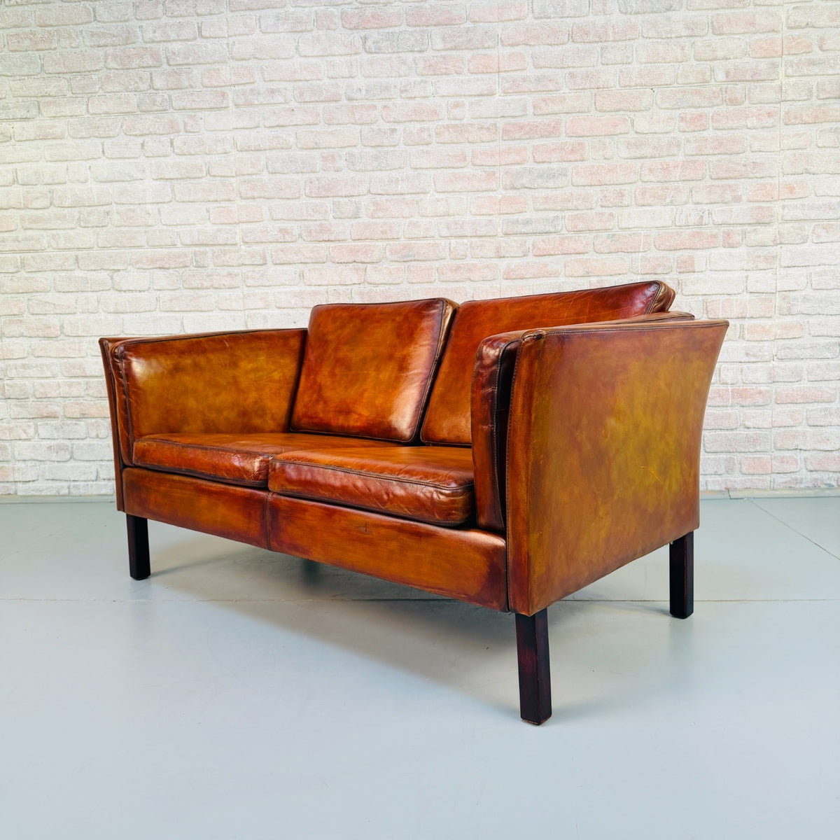 Vintage Danish Tan Leather 2 Seater Sofa – Mid Century Modern Hand Dyed Patina