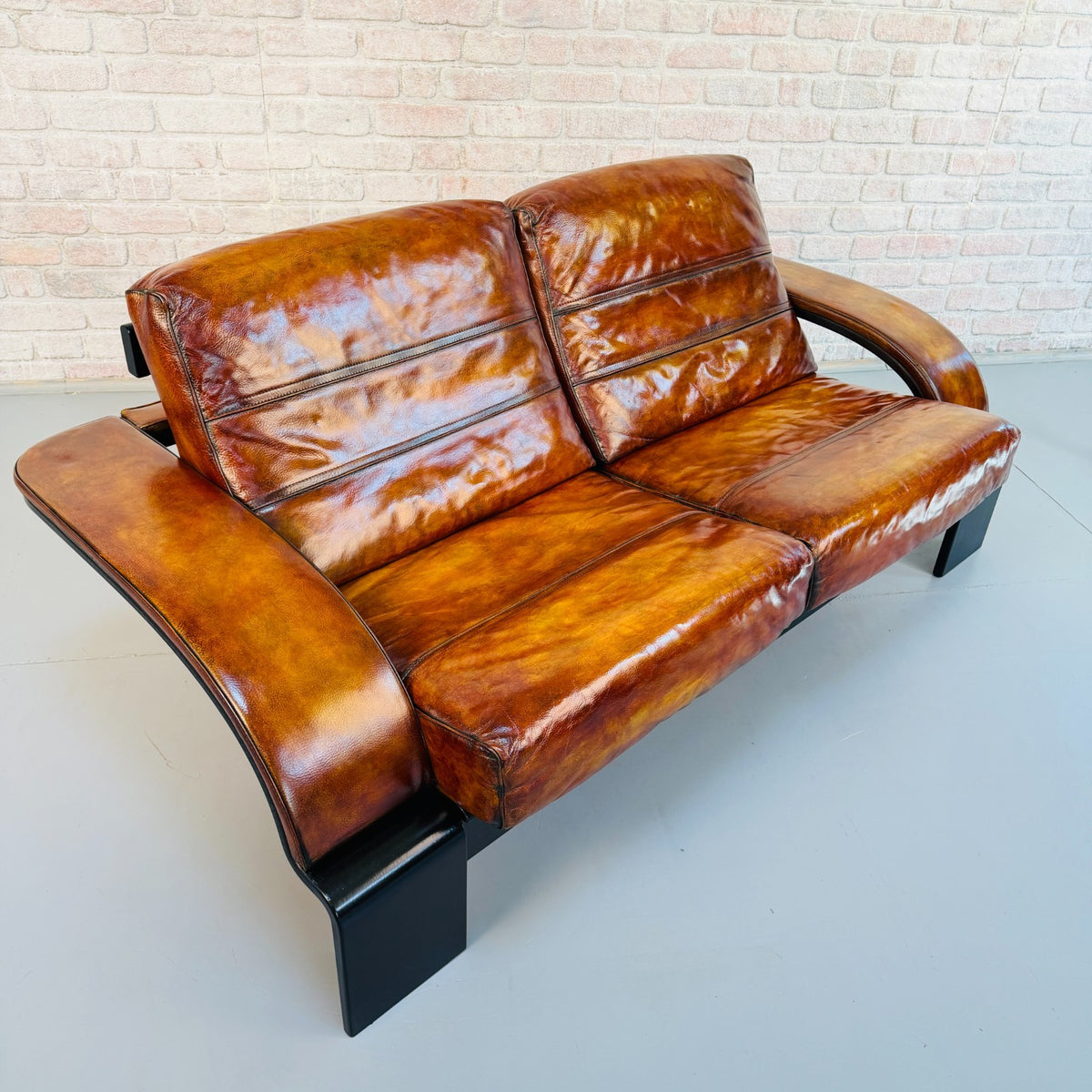 Vintage Ake Fribytter Kroken Tan Leather 2 Seater Sofa Nelo Sweden